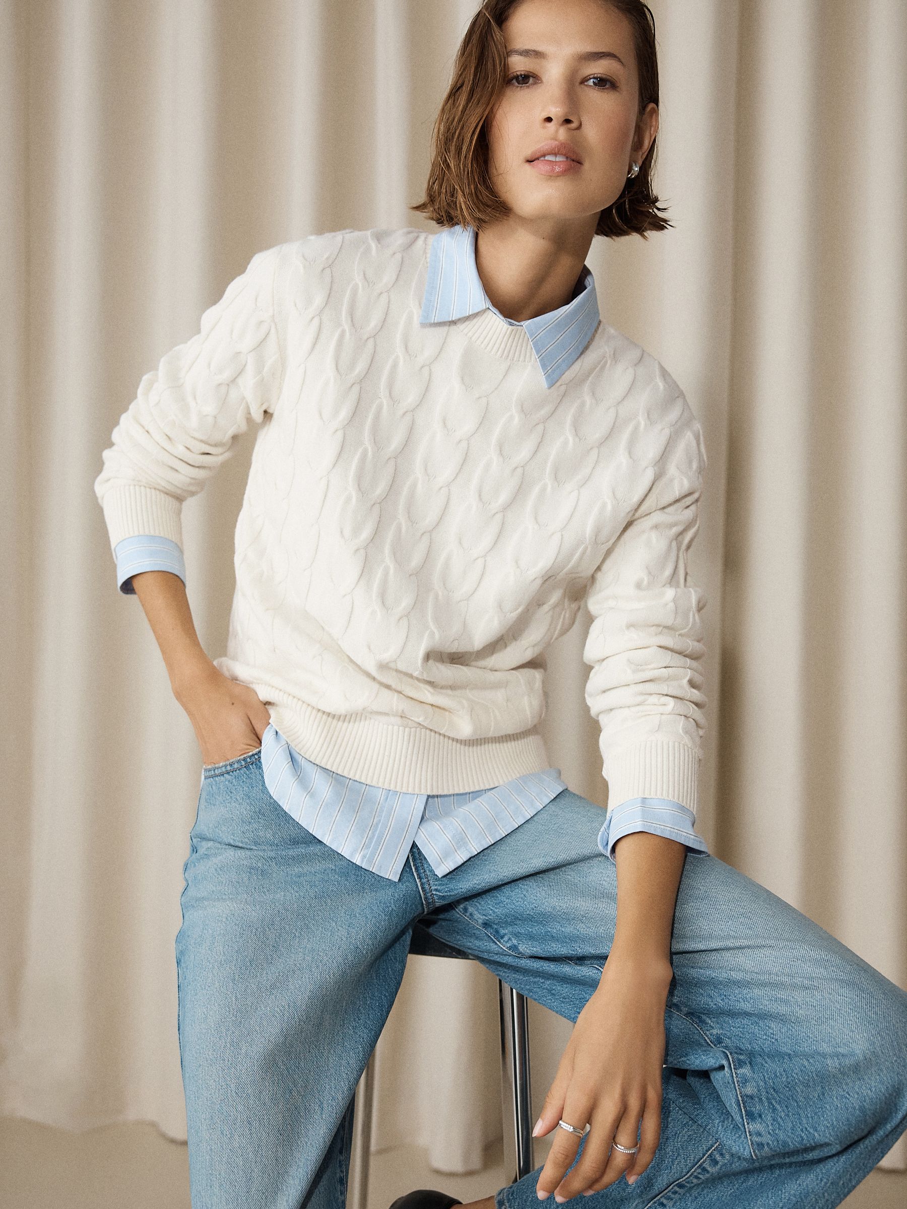 Knit Look Cable Crew Neck Jumper - Ecru Cream - Regular - Location Worn