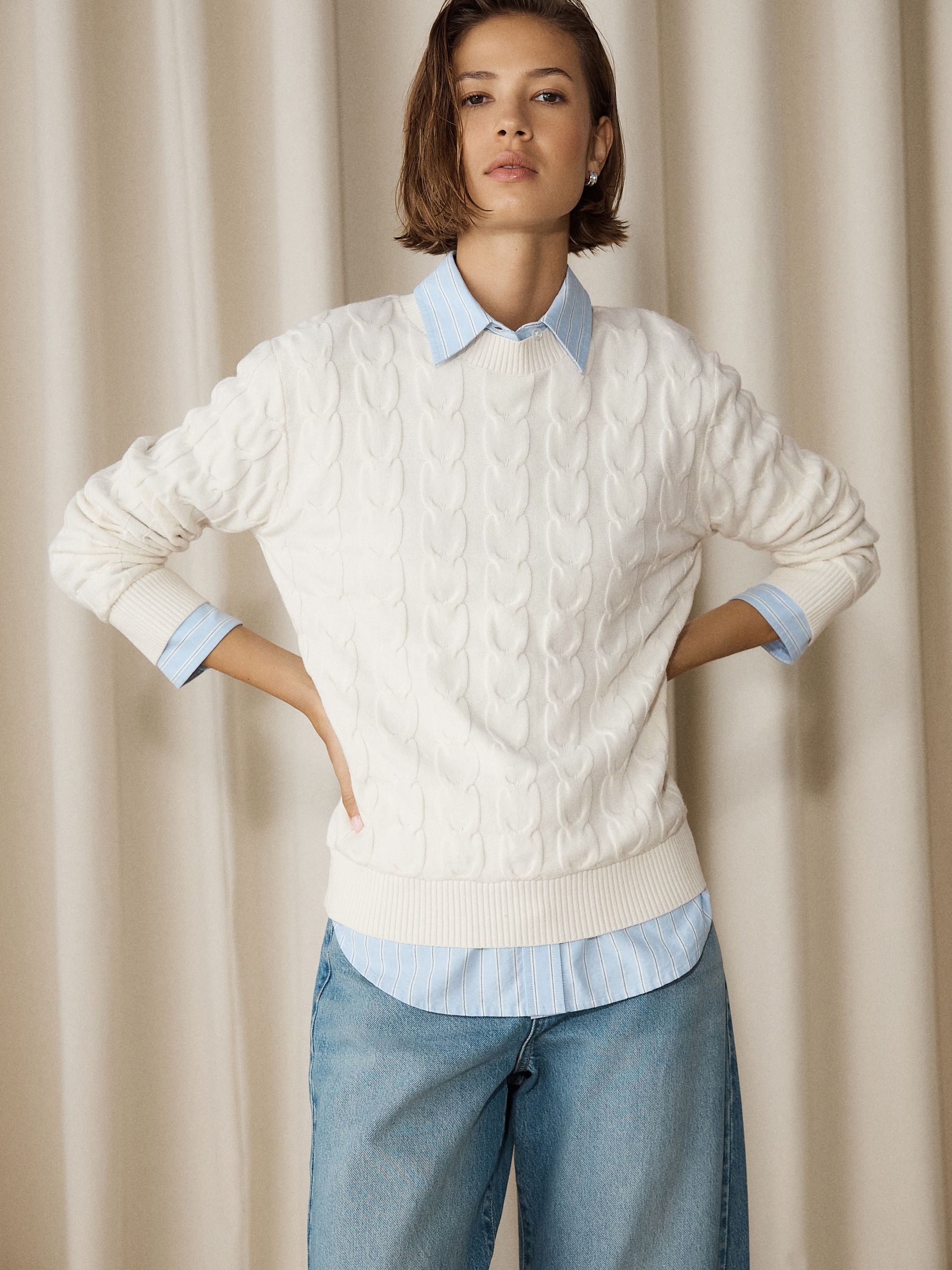 Knit Look Cable Crew Neck Jumper - Ecru Cream - Regular - Location Worn