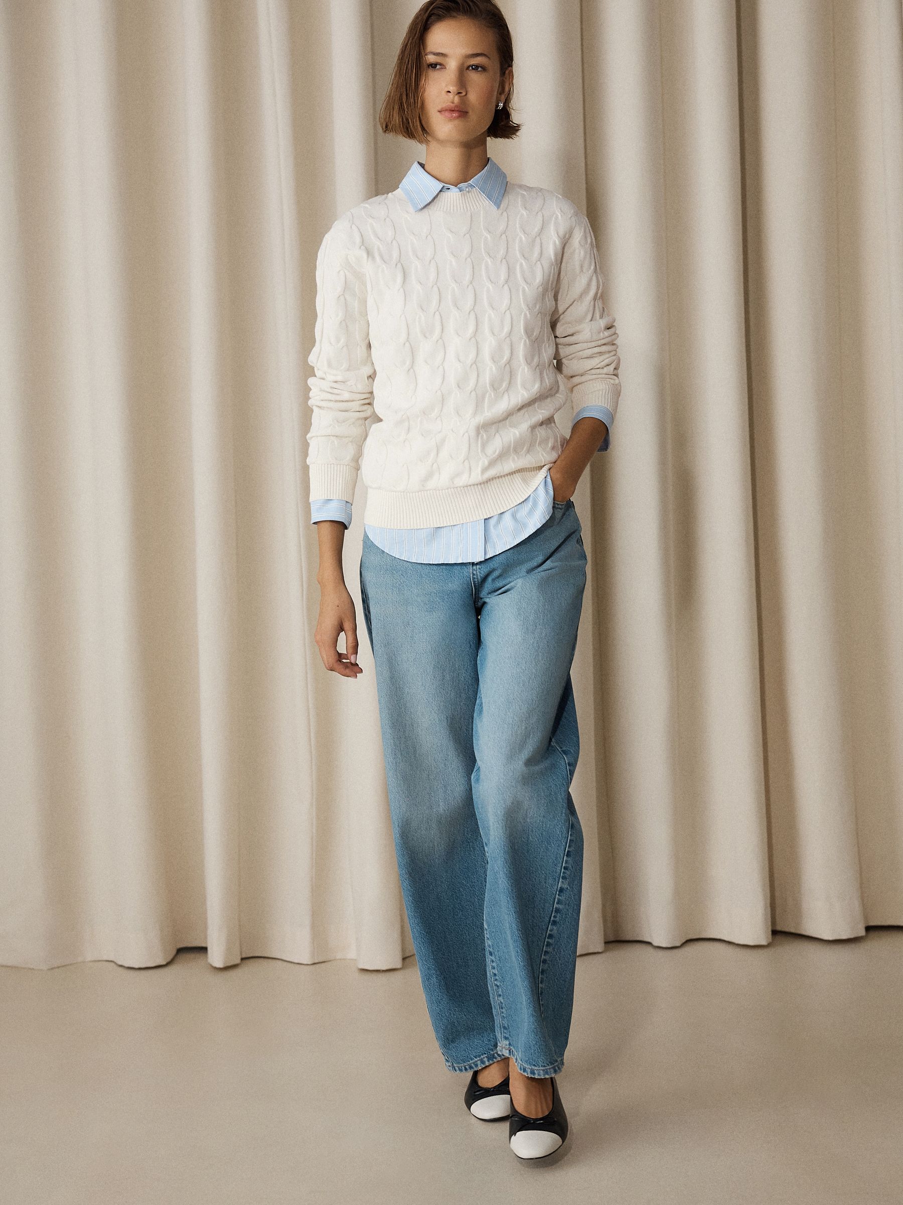 Knit Look Cable Crew Neck Jumper - Ecru Cream - Regular - Location Worn