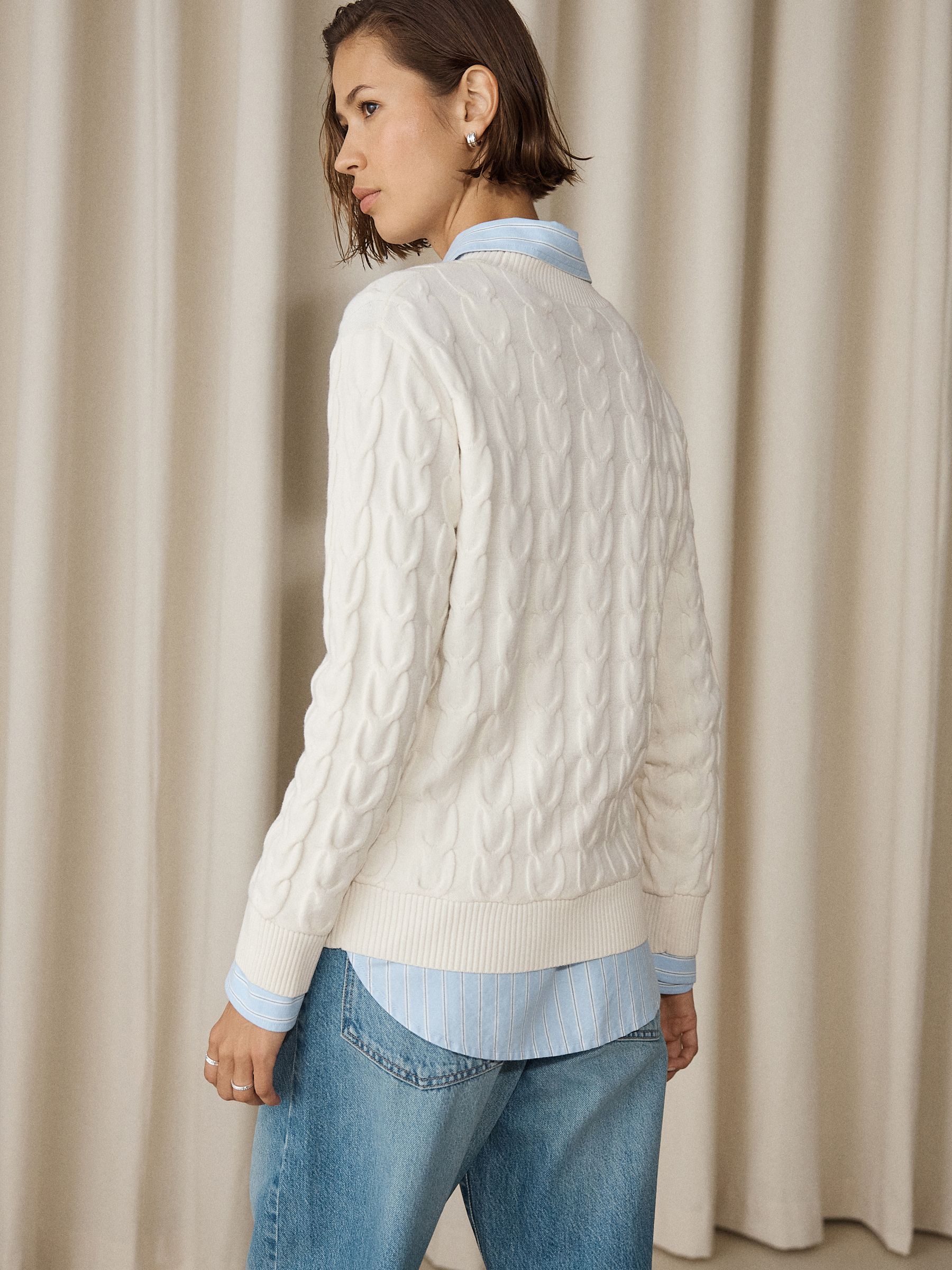 Knit Look Cable Crew Neck Jumper - Ecru Cream - Regular - Location Worn