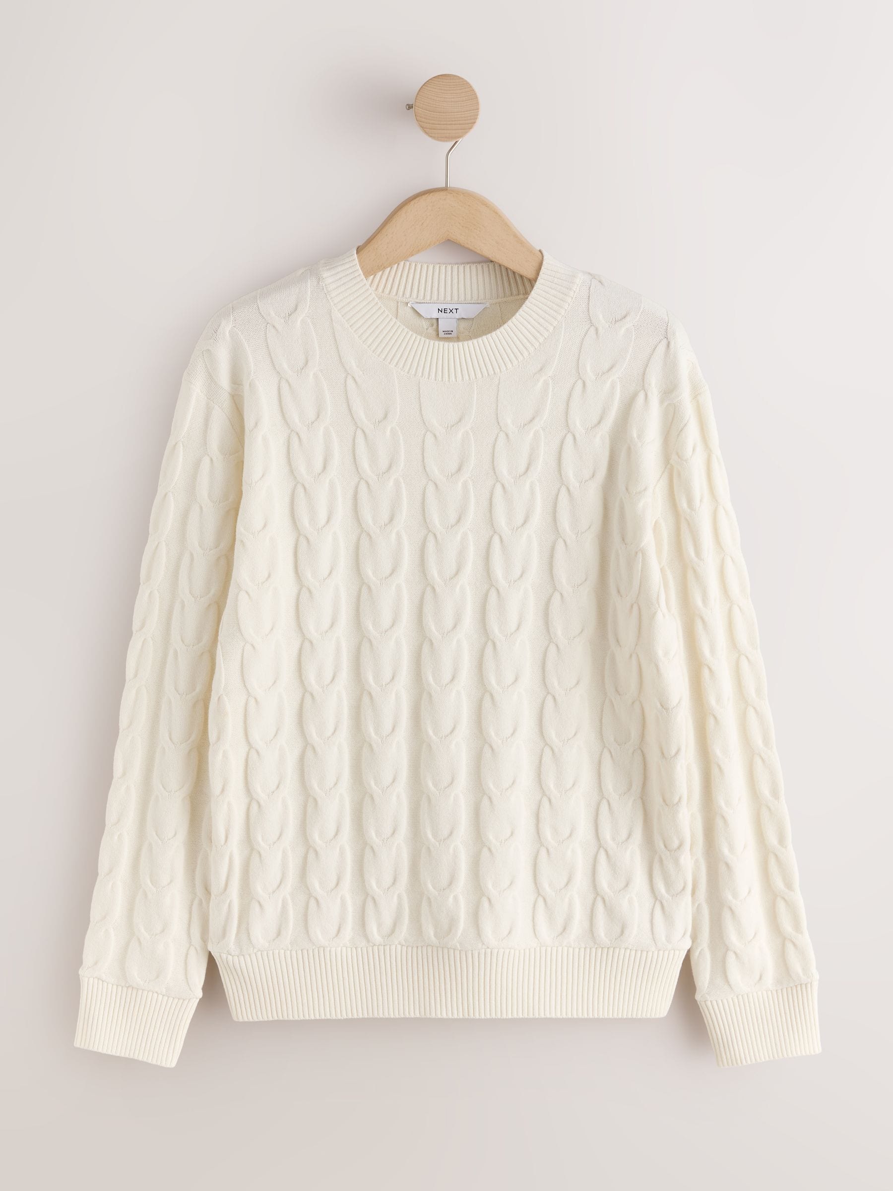 Knit Look Cable Crew Neck Jumper - Ecru Cream - Regular - SIP Still Life