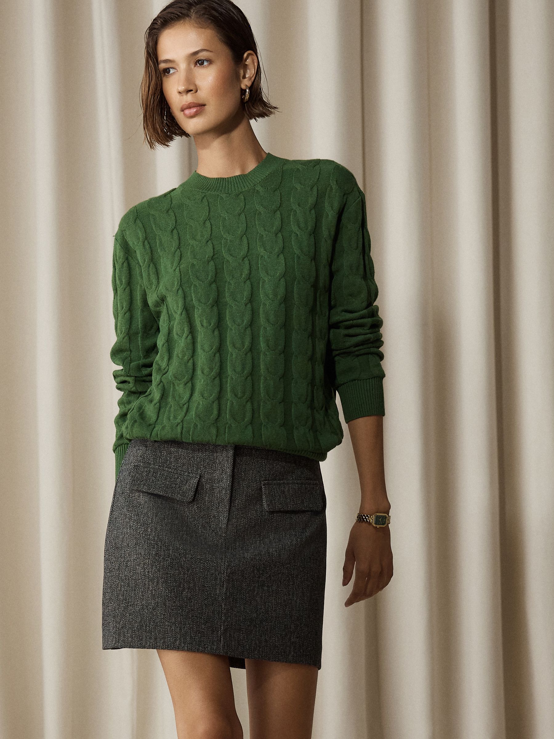 Knit Look Cable Crew Neck Jumper - Green - Regular - Location Worn