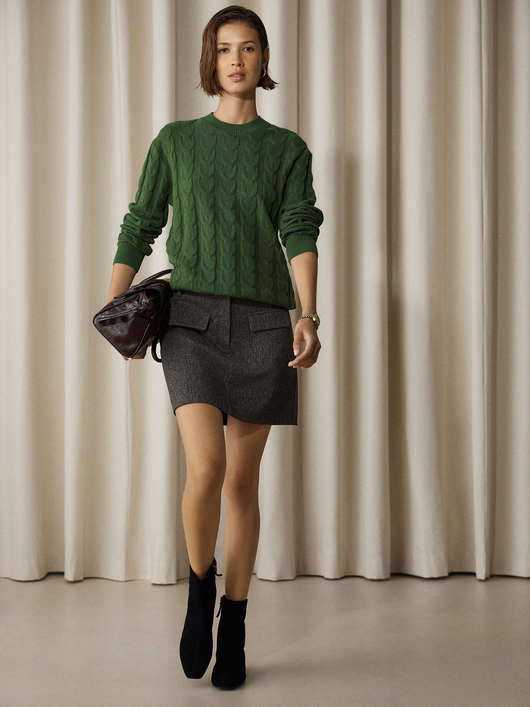 Knit Look Cable Crew Neck Jumper - Green - Regular - Location Worn