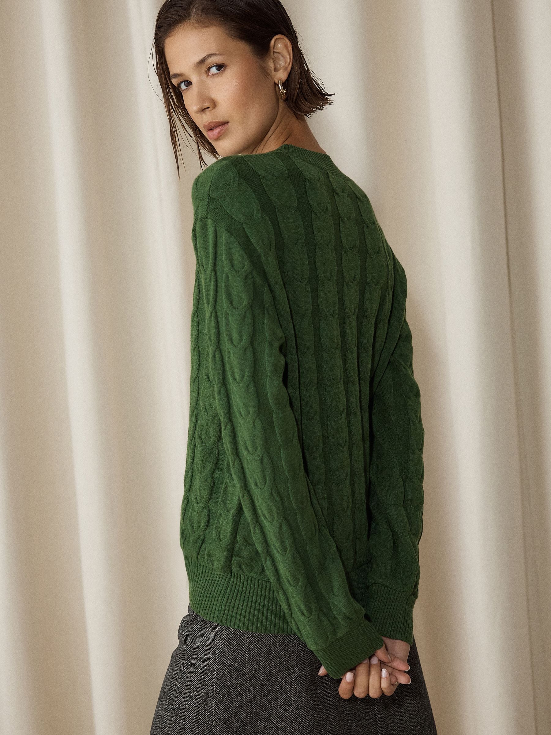 Knit Look Cable Crew Neck Jumper - Green - Regular - Location Worn