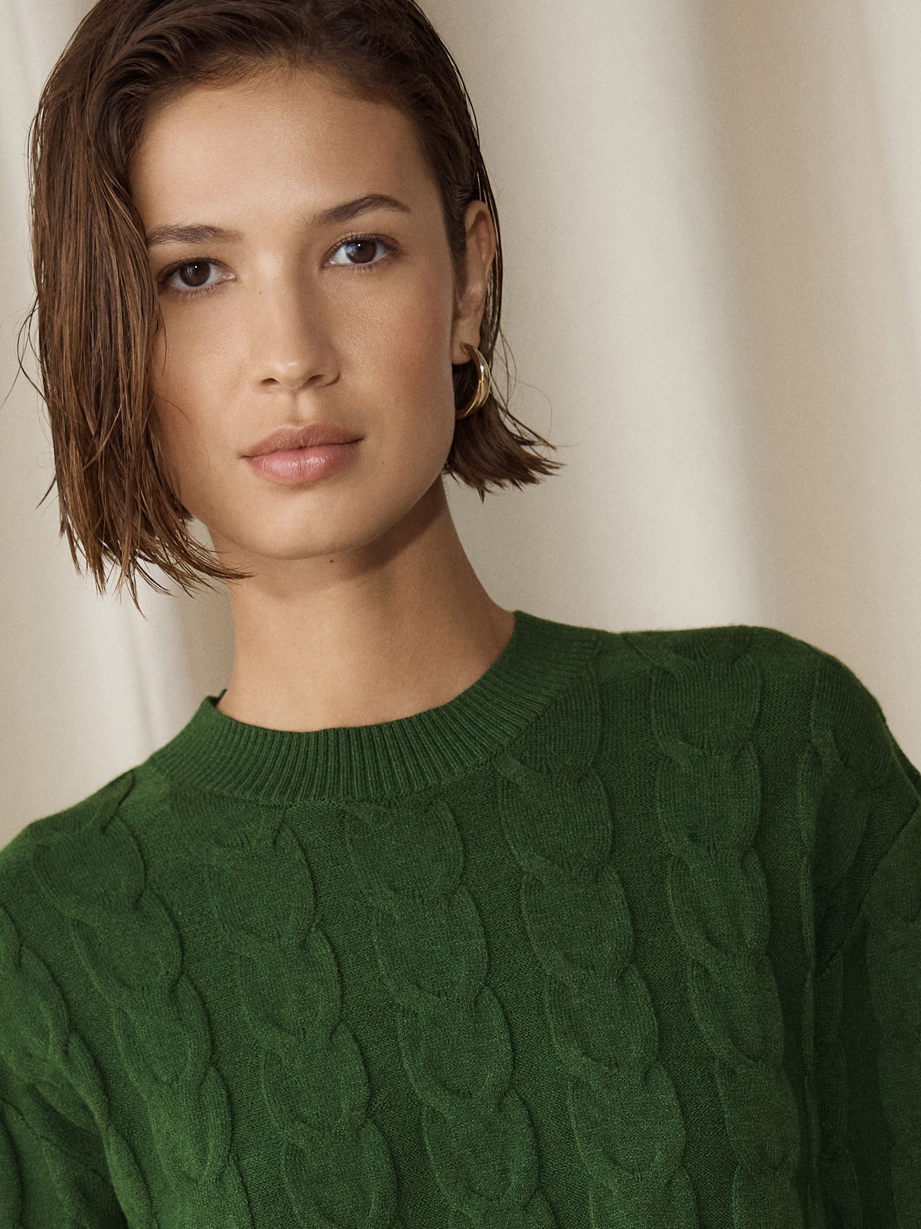 Knit Look Cable Crew Neck Jumper - Green - Regular - Location Worn