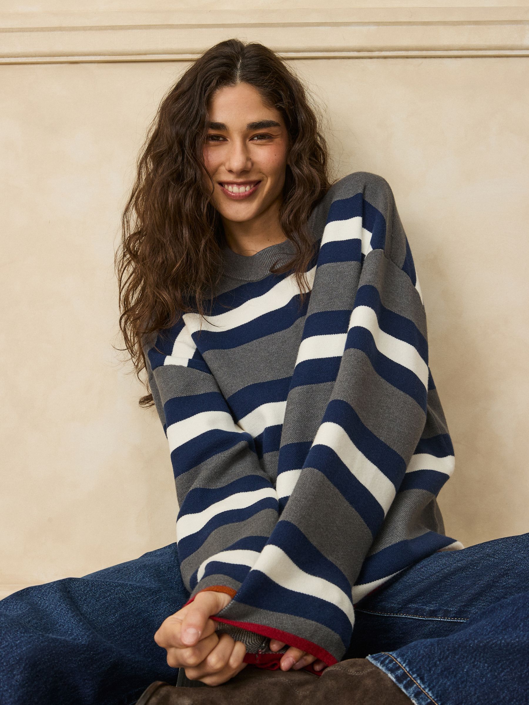 Striped Knit Look Crew Neck Jumper - Grey/Navy - Regular - Location Worn