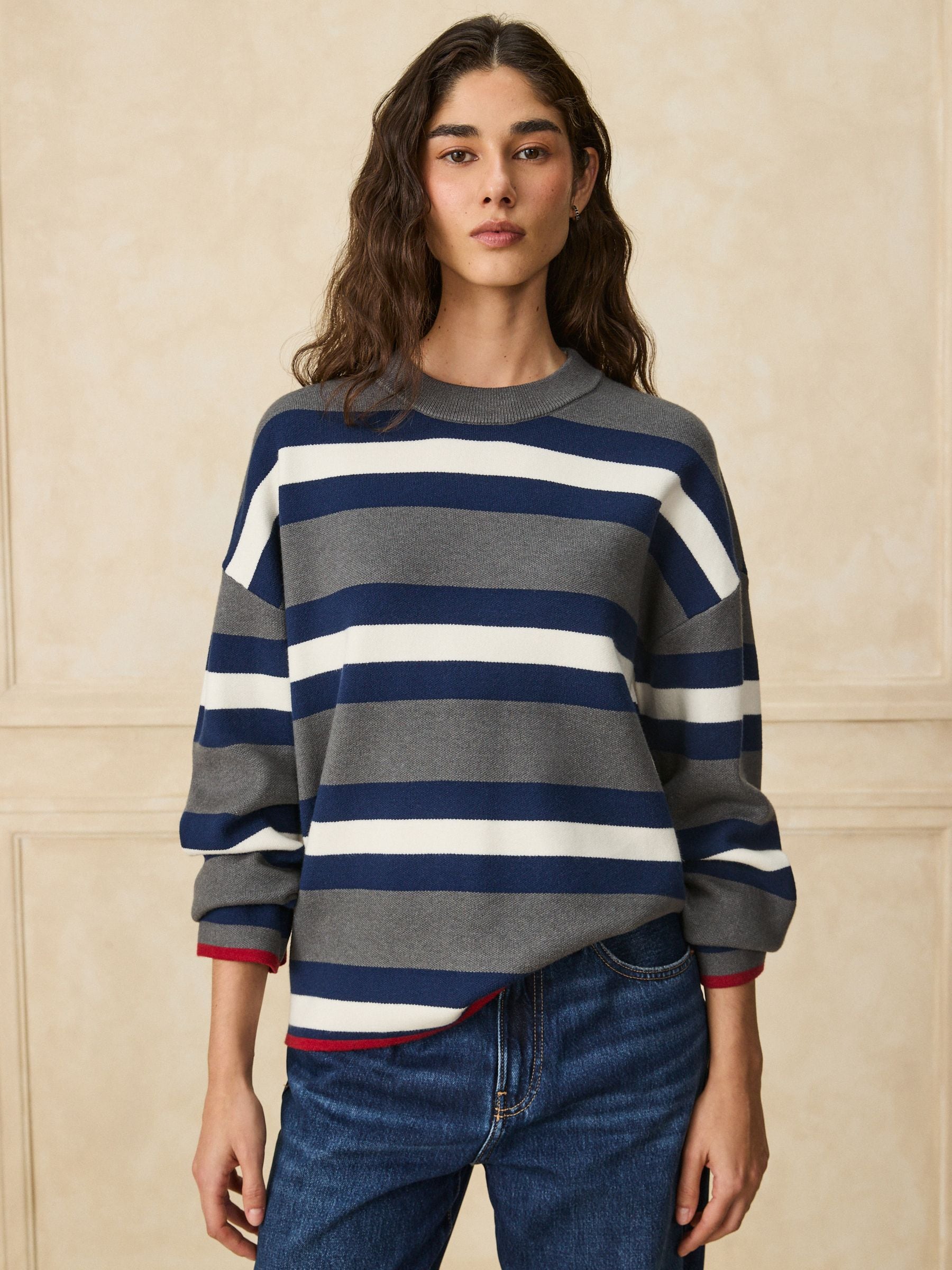Striped Knit Look Crew Neck Jumper - Grey/Navy - Regular - Location Worn