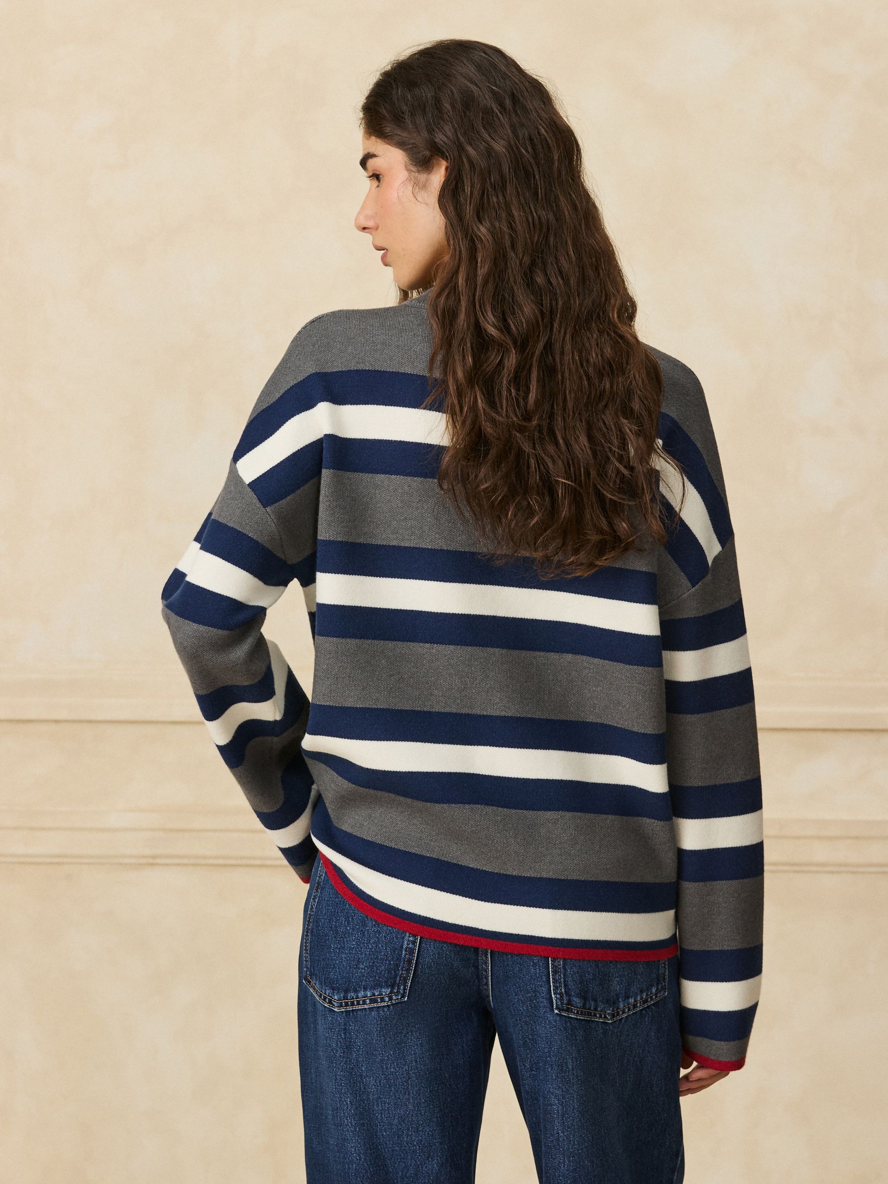 Striped Knit Look Crew Neck Jumper - Grey/Navy - Regular - Location Worn