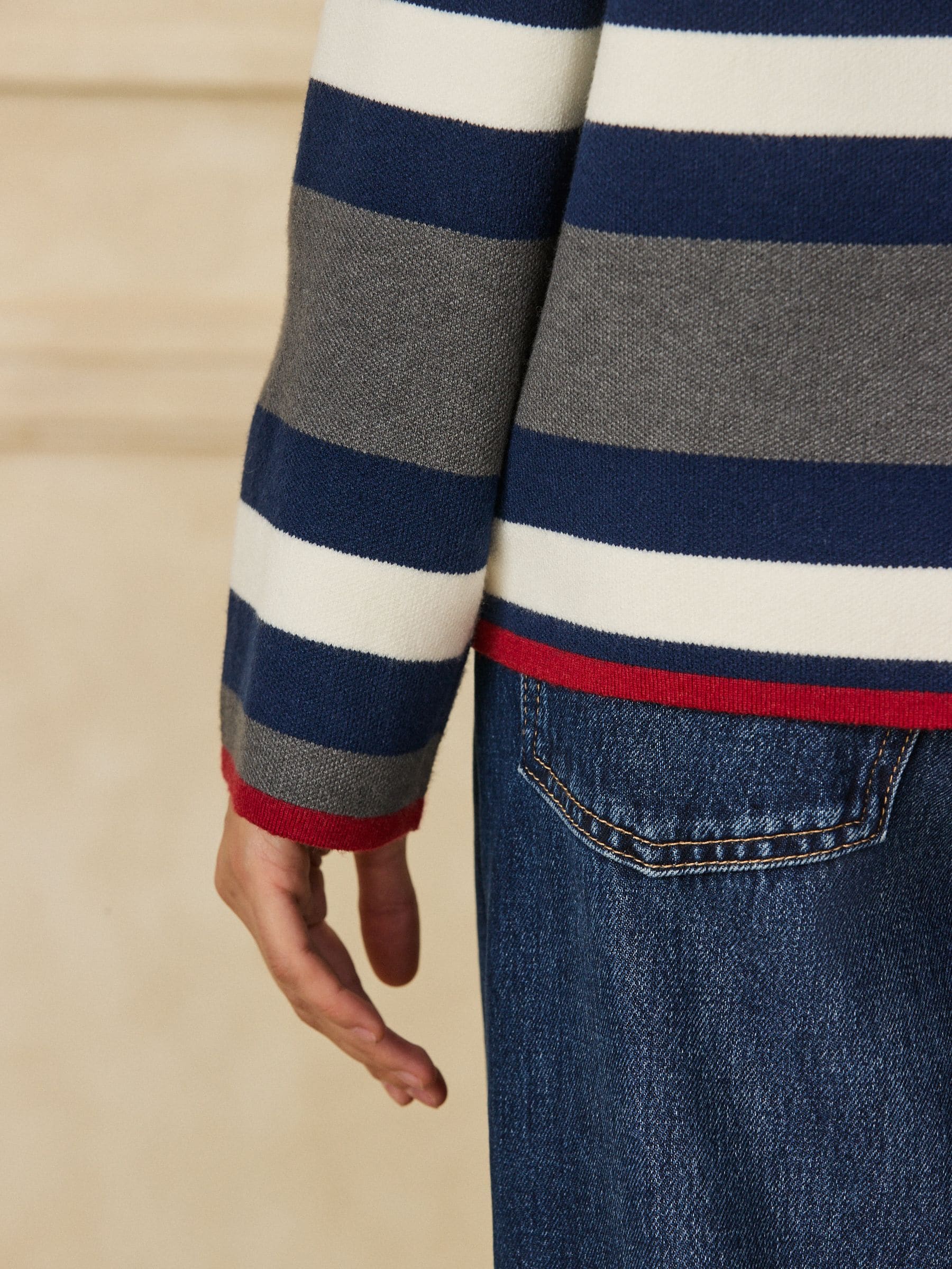 Striped Knit Look Crew Neck Jumper - Grey/Navy - Regular - Location Worn