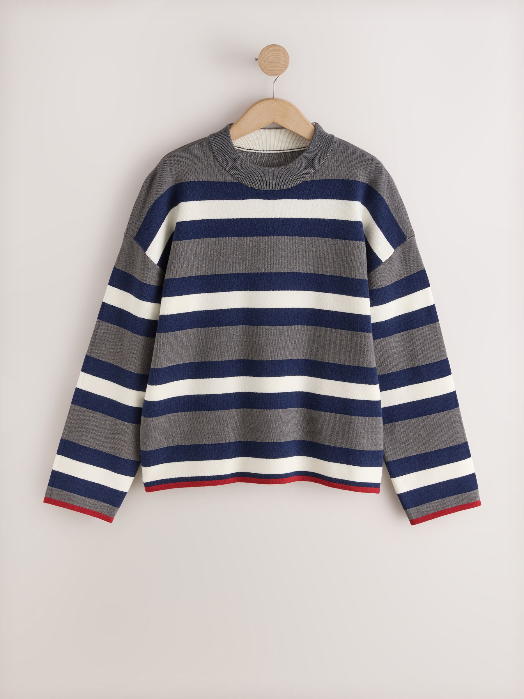 Striped Knit Look Crew Neck Jumper - Grey/Navy - Regular - SIP Still Life