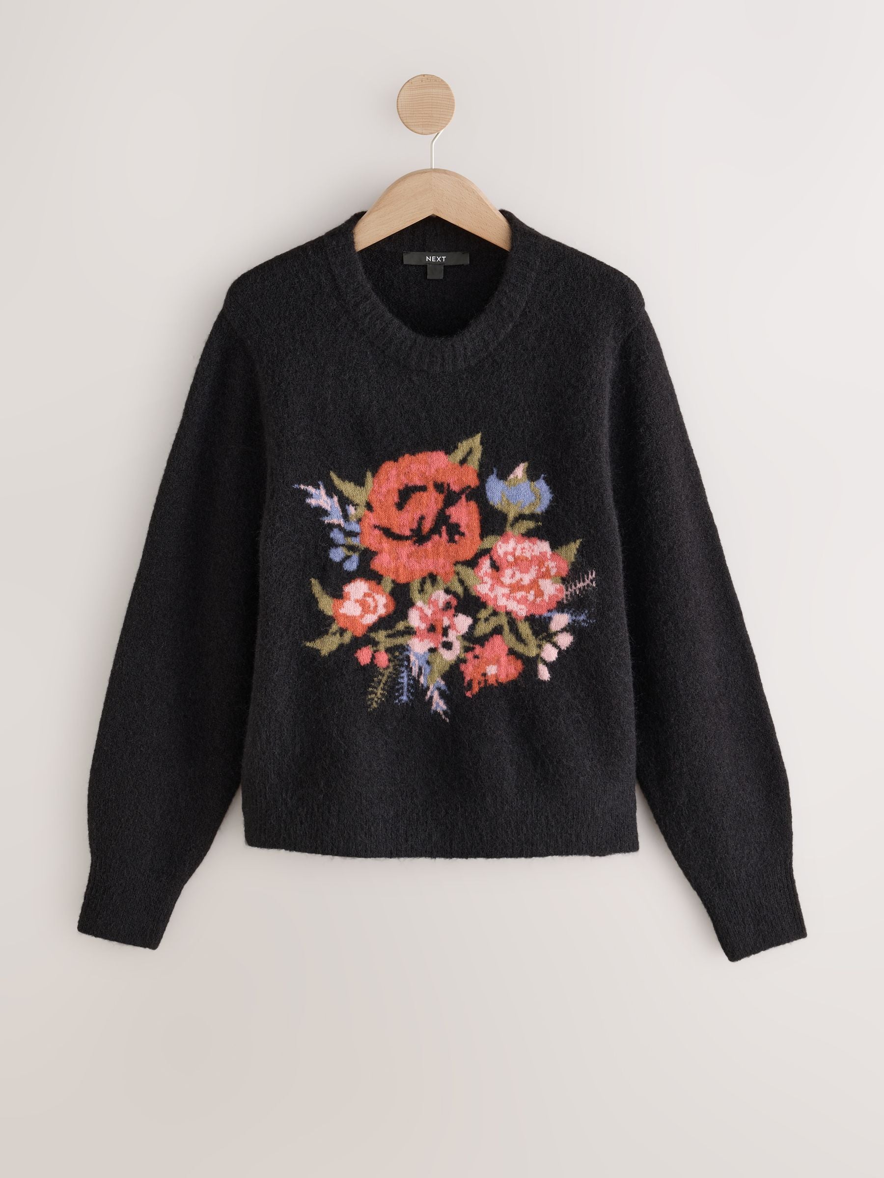 Long Sleeve Crew Neck Knitted Jumper With Wool - Black/Multi Floral - Regular - SIP Still Life