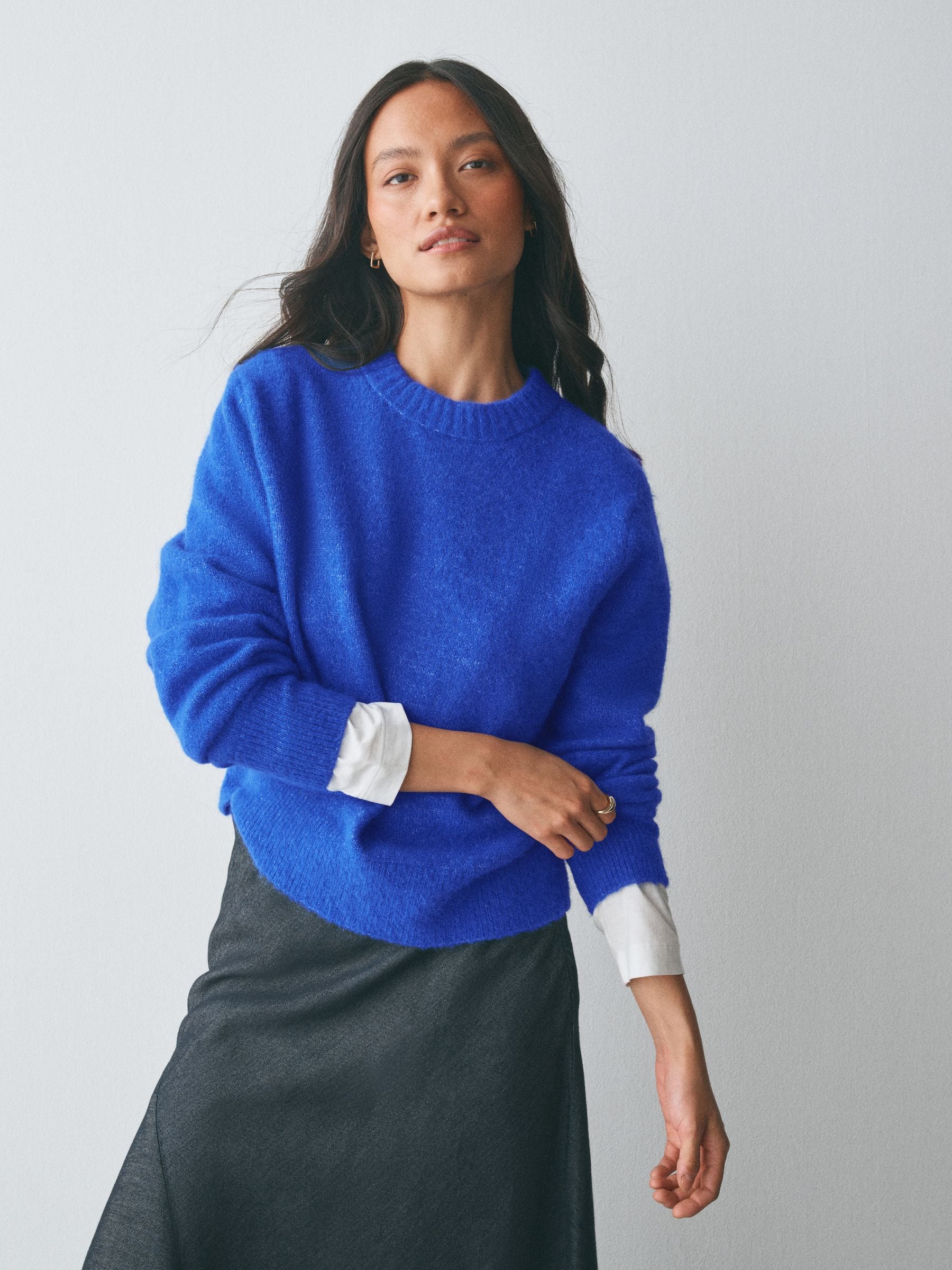 Long Sleeve Crew Neck Knitted Jumper With Wool - Cobalt Blue - Regular - SIP Worn