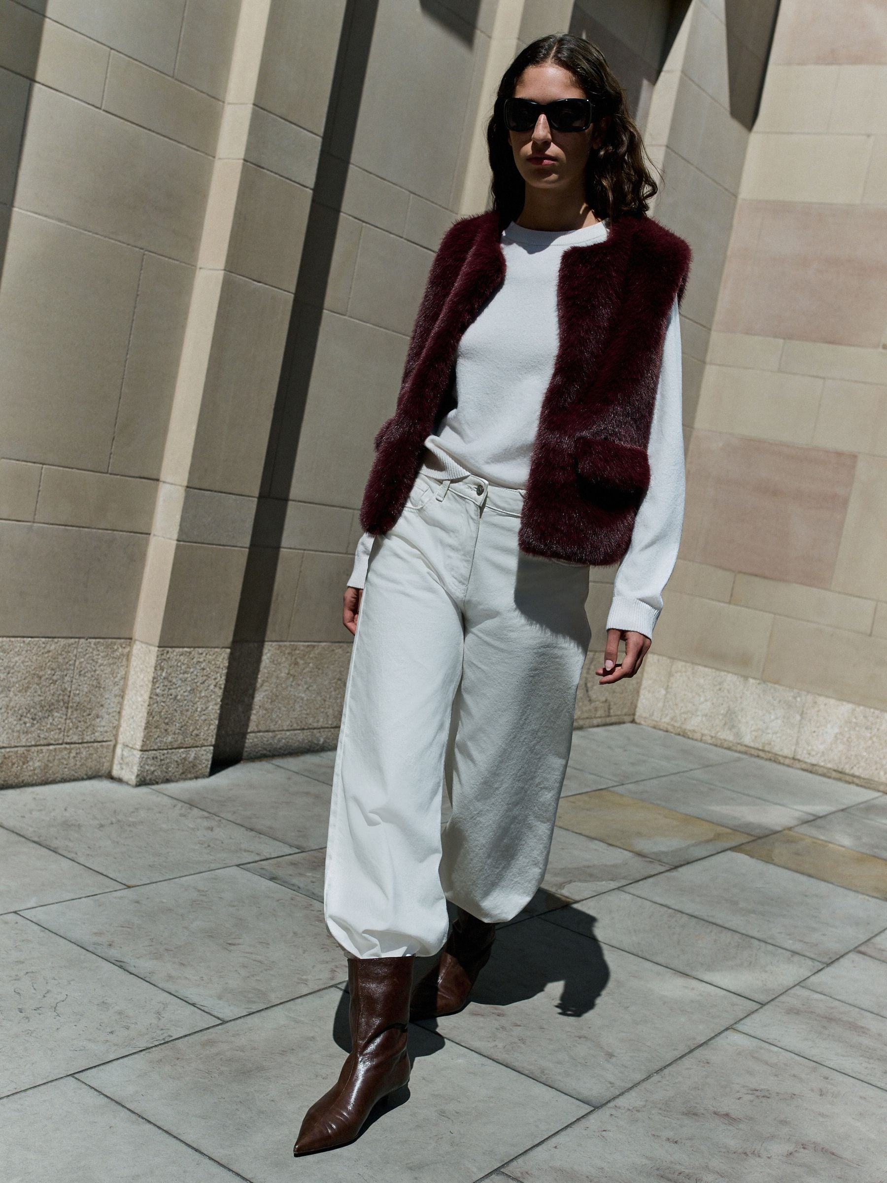 Faux Fur Gilet Cover-Up - Burgundy Red - Regular - Location Worn