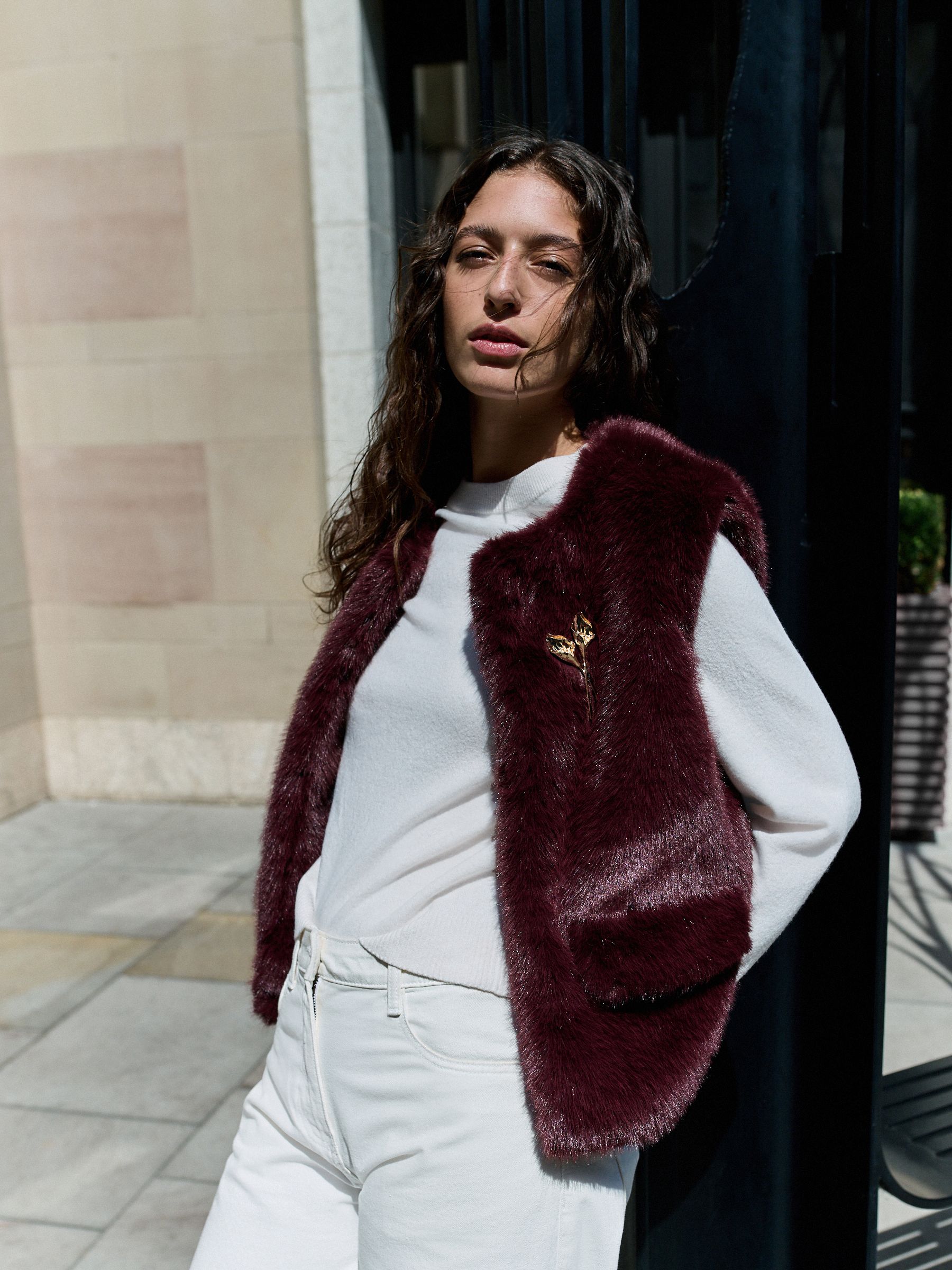 Faux Fur Gilet Cover-Up - Burgundy Red - Regular - Location Worn