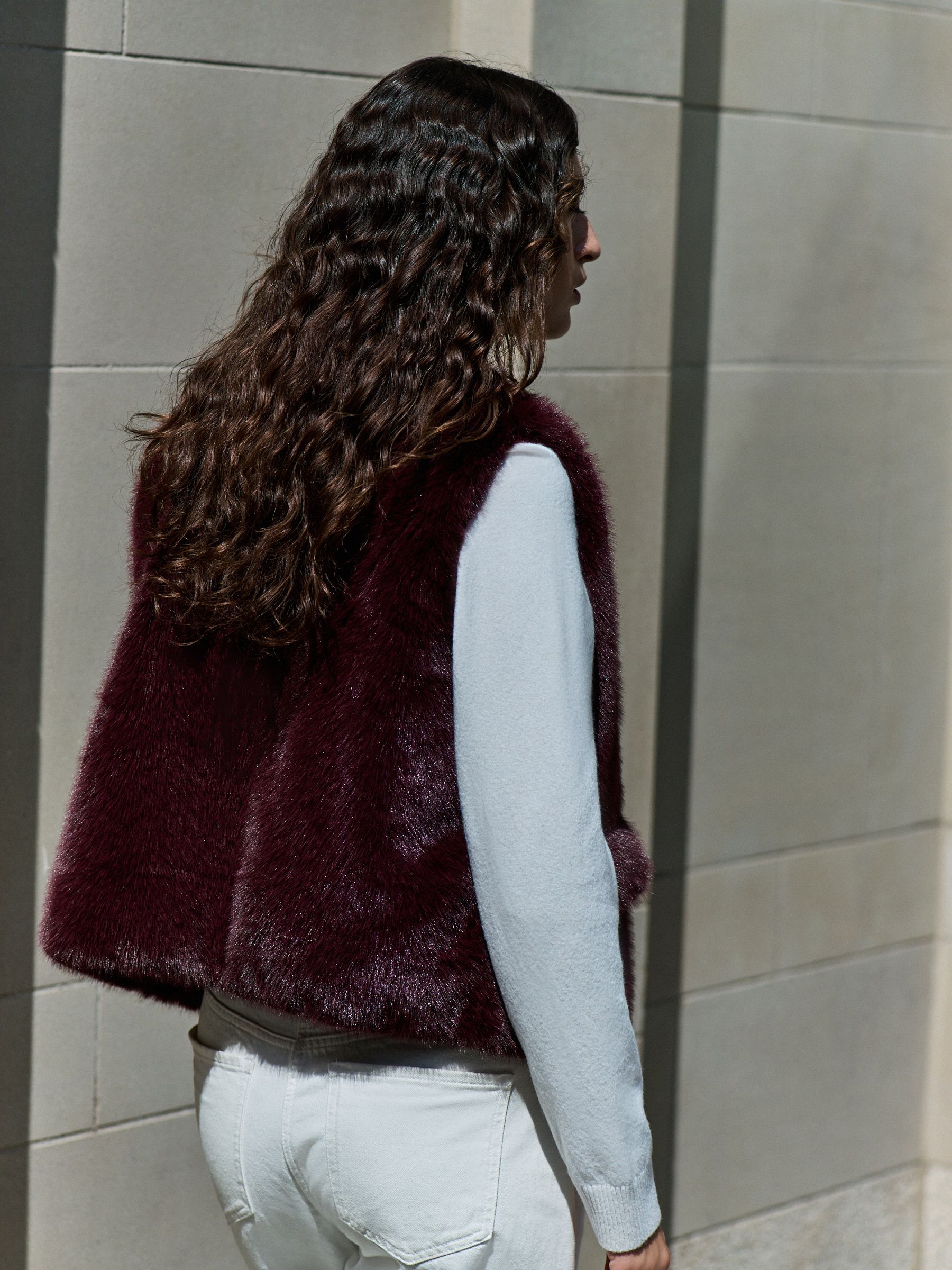 Faux Fur Gilet Cover-Up - Burgundy Red - Regular - Location Worn