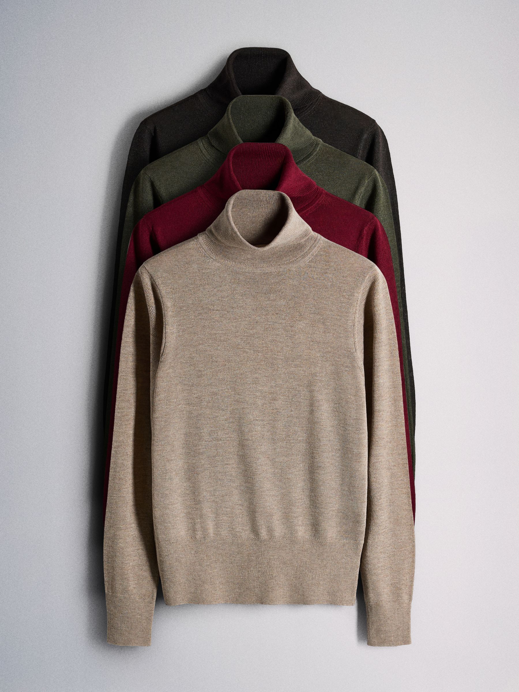 The Set 4 Pack Roll Neck Jumpers With Wool - Forest Green Syrah/Red Ganache/Brown Goat/Beige - Regular - SIP Still Life