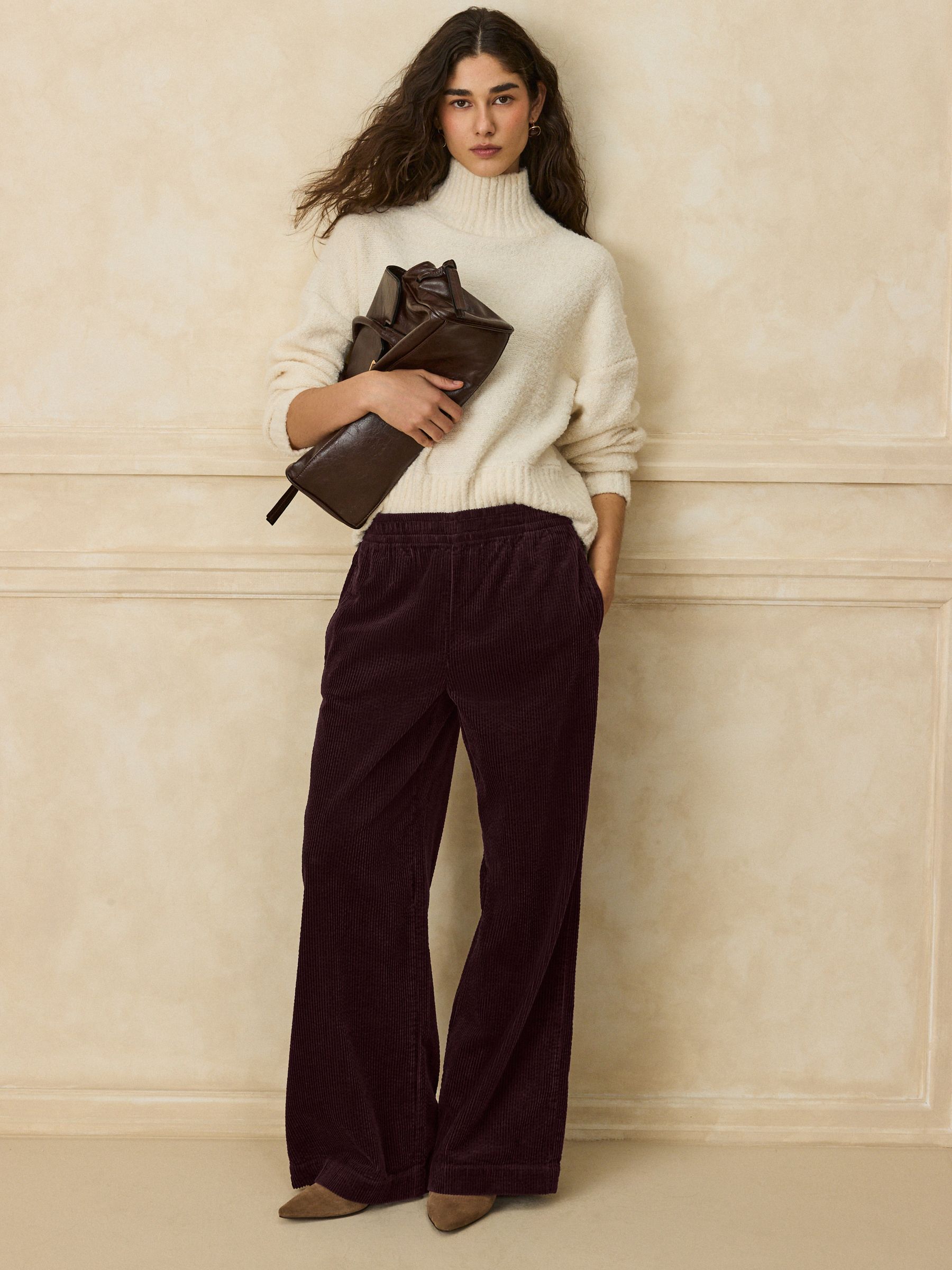 Wide Leg Soft Cord Trousers - Burgundy Red - Regular - Location Worn