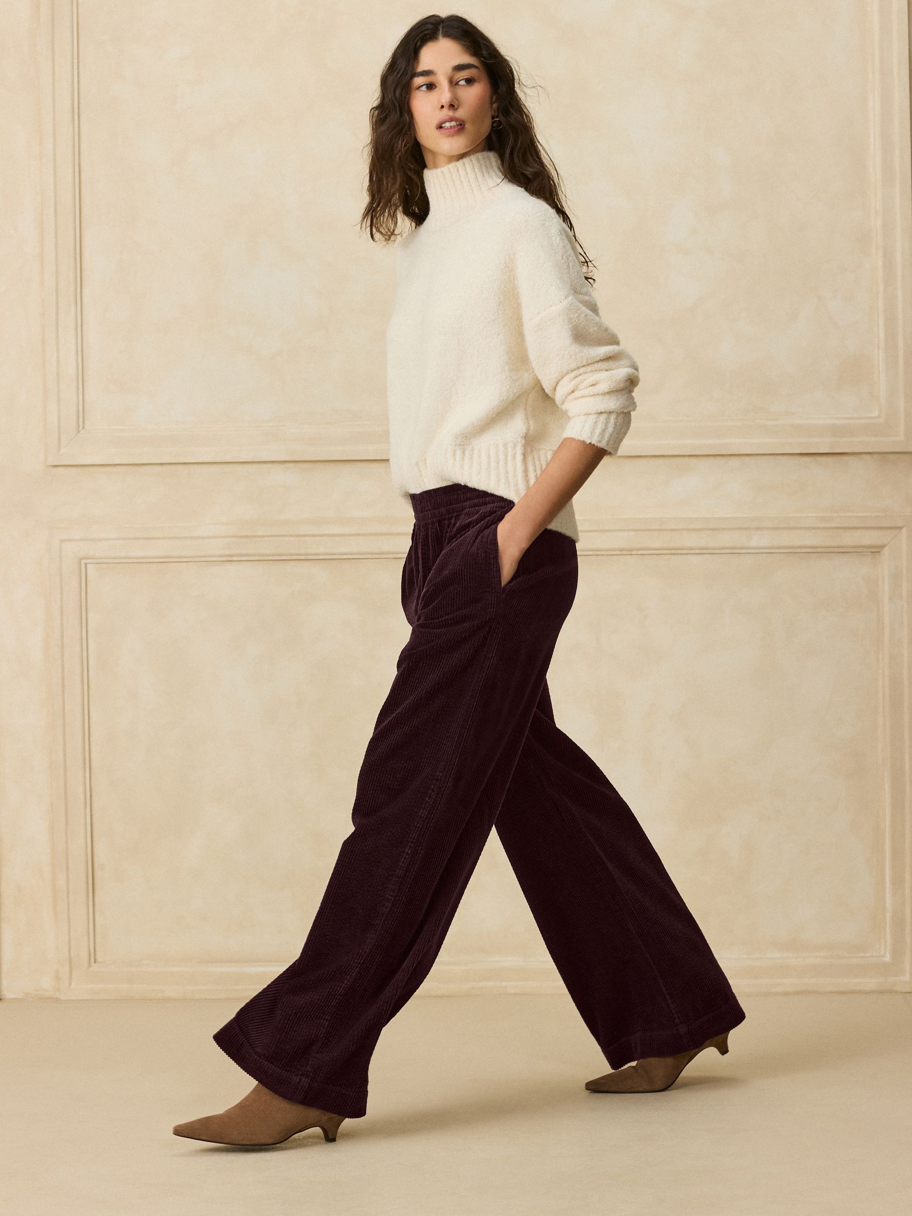 Wide Leg Soft Cord Trousers - Burgundy Red - Regular - Location Worn