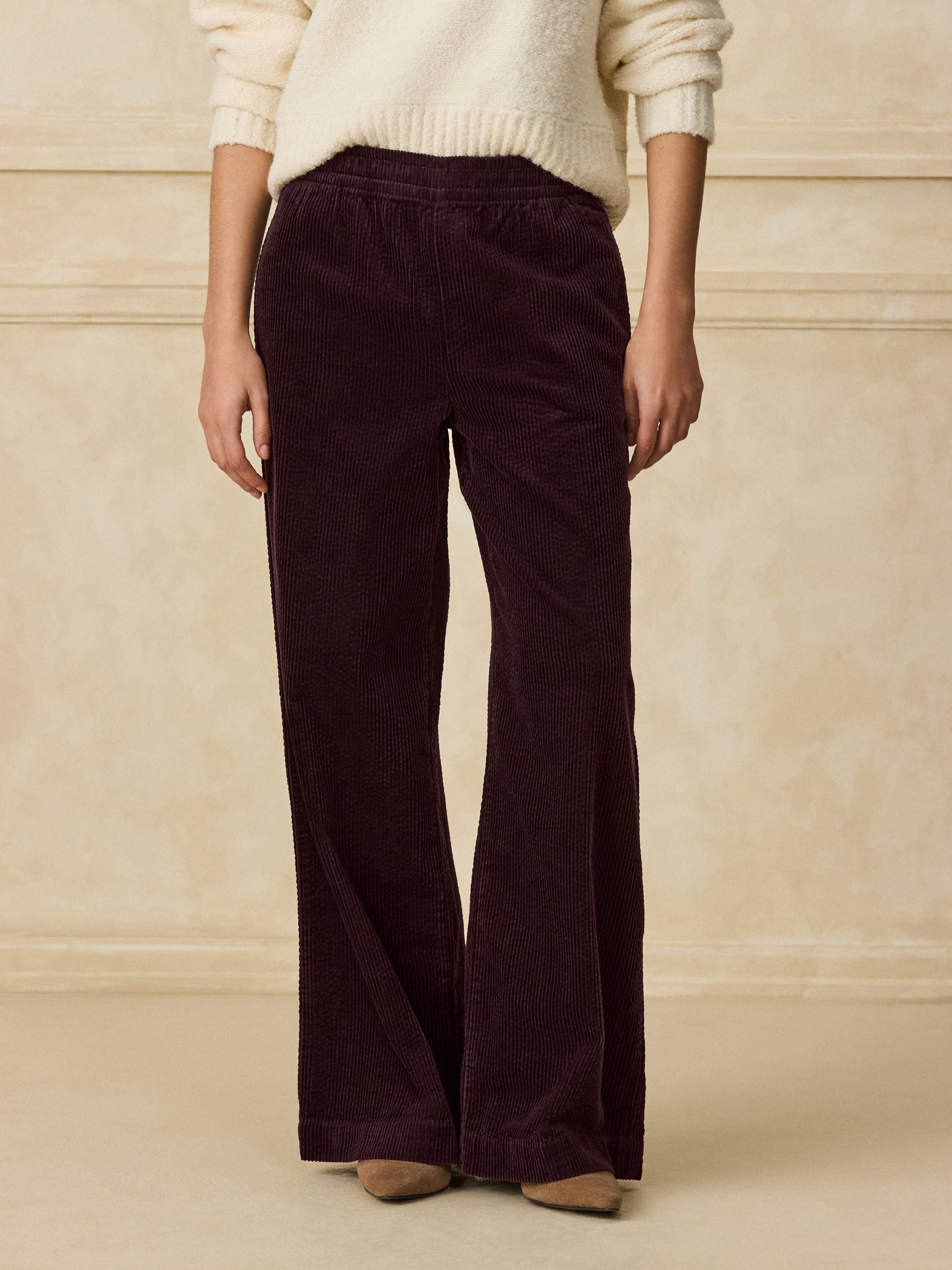 Wide Leg Soft Cord Trousers - Burgundy Red - Regular - Location Worn