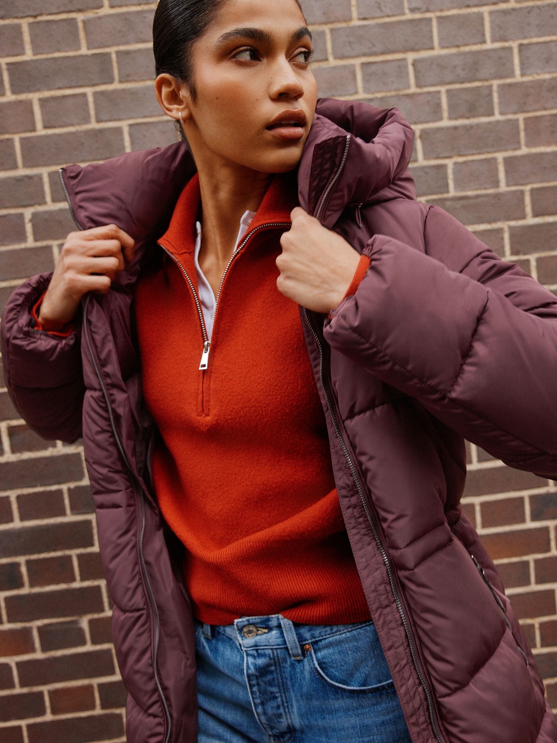 Shower Resistant Hooded Long Padded Puffer Coat - Berry - Regular - Location Worn
