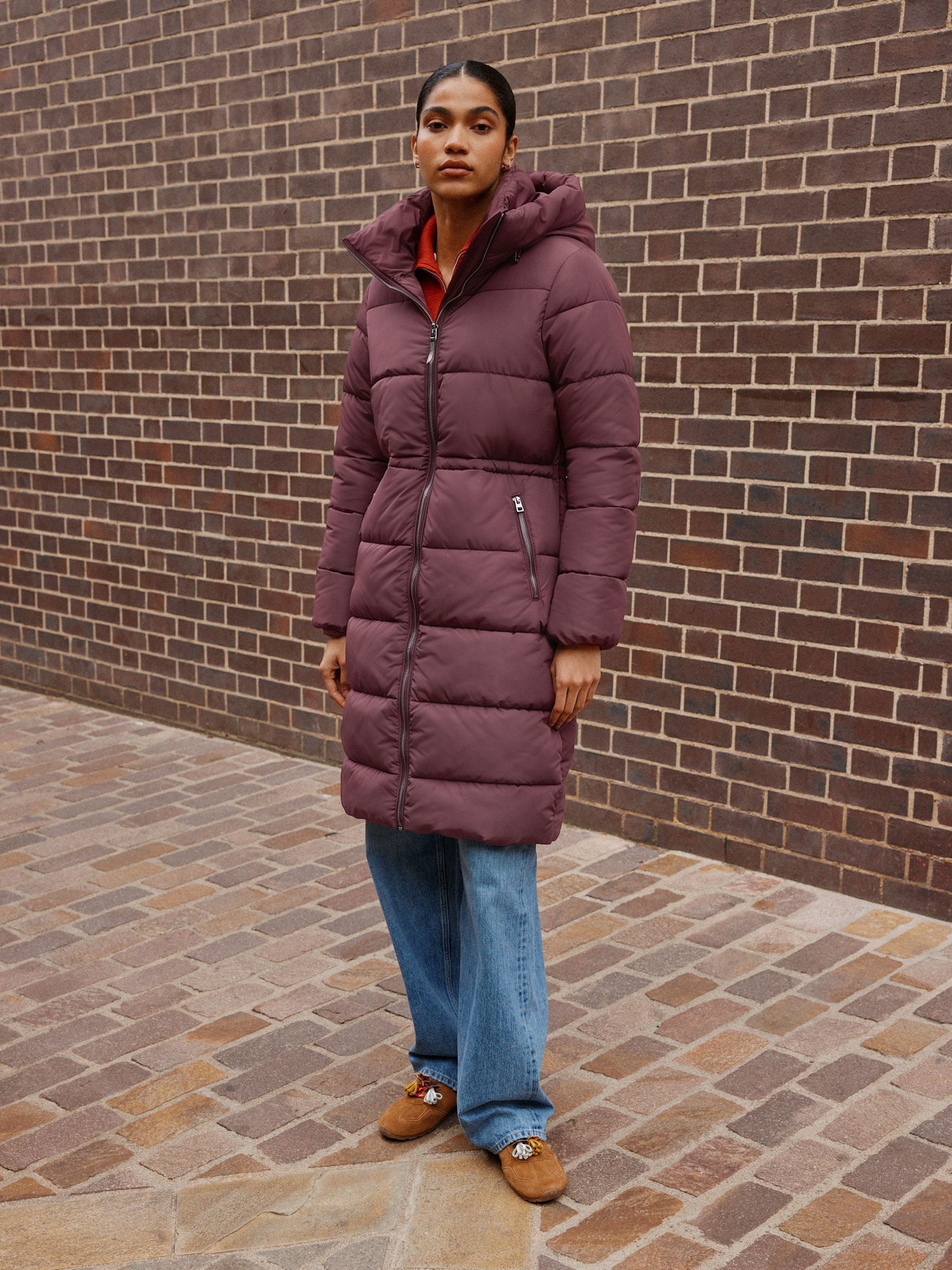 Shower Resistant Hooded Long Padded Puffer Coat - Berry - Regular - Location Worn