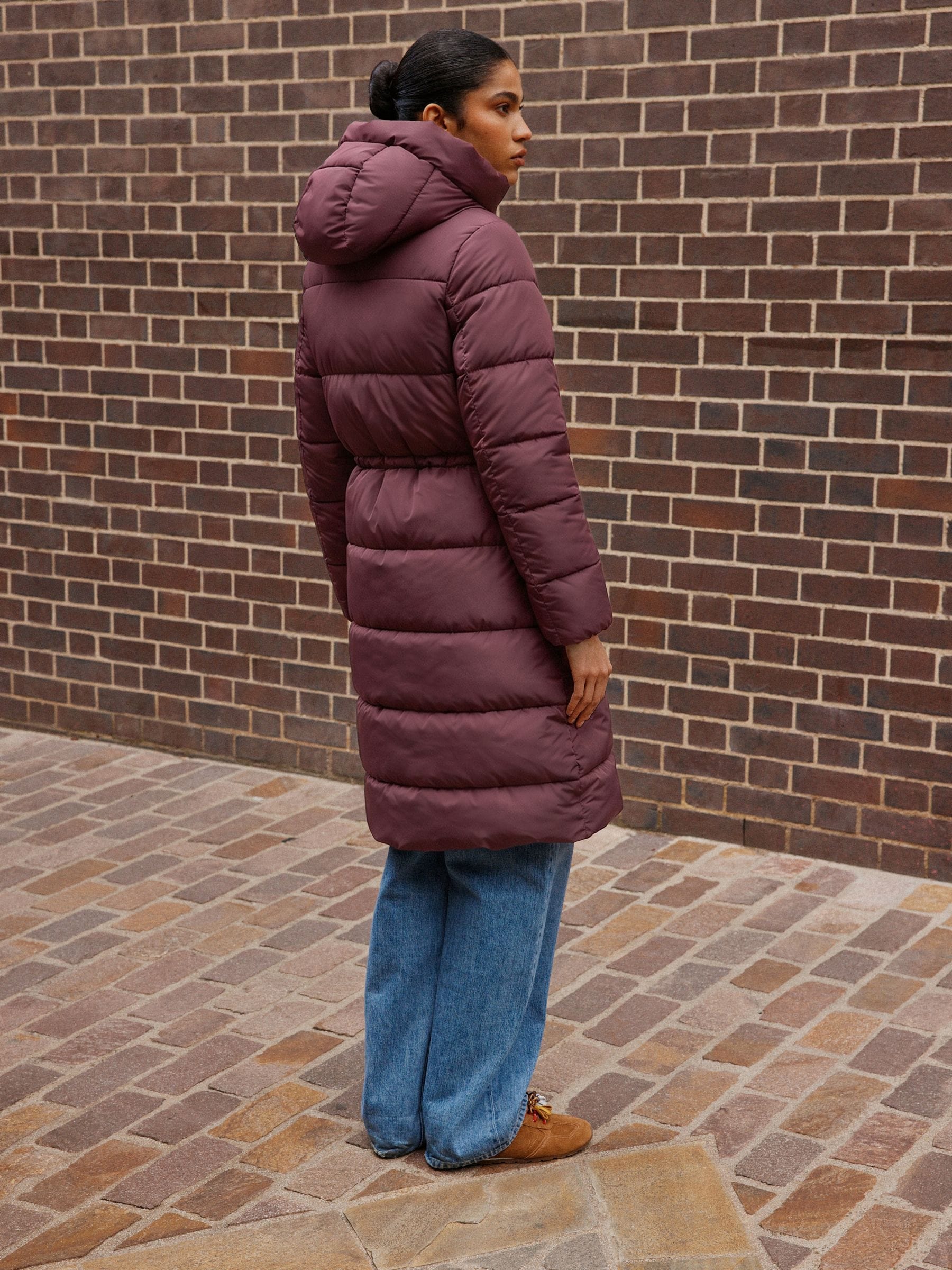 Shower Resistant Hooded Long Padded Puffer Coat - Berry - Regular - Location Worn