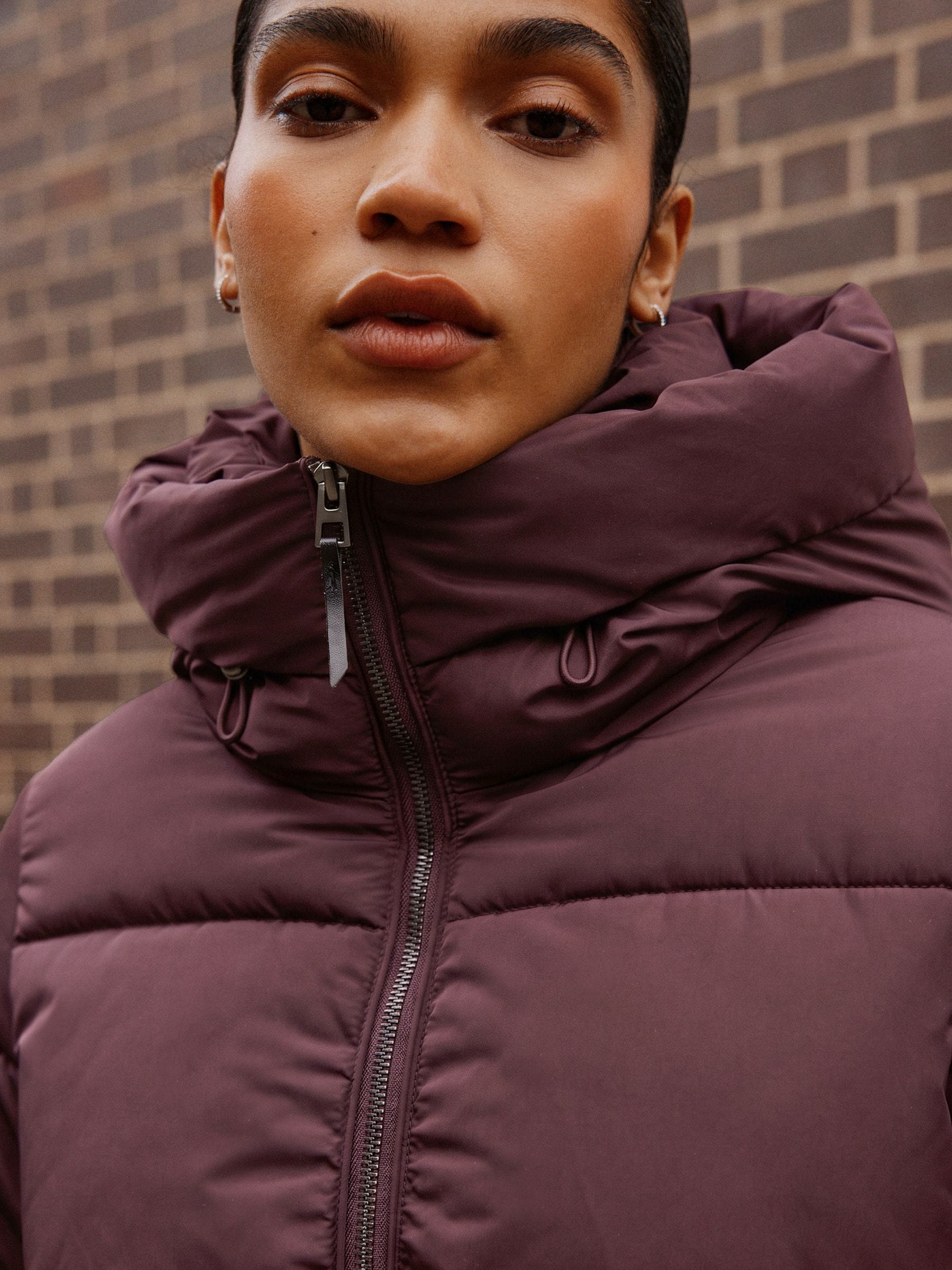 Shower Resistant Hooded Long Padded Puffer Coat - Berry - Regular - Location Worn