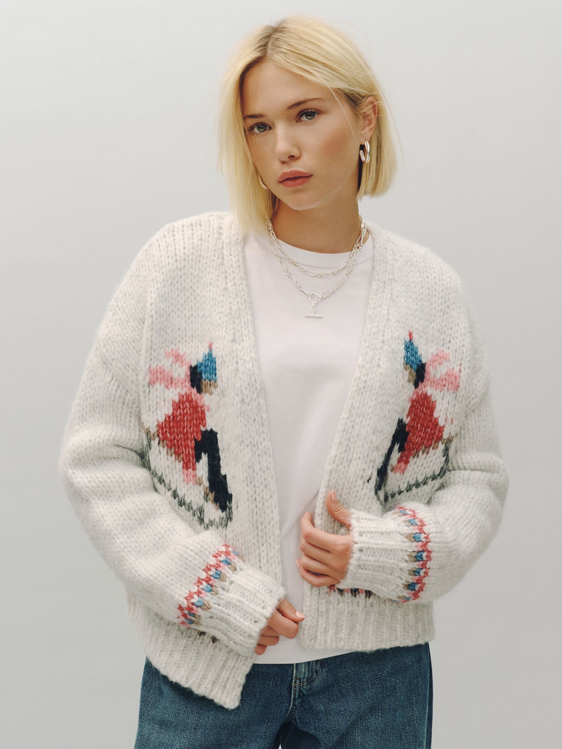 Soft Touch Chunky Knit Open Cardigan - Light Grey Marl Ski Graphic - Regular - Location Worn