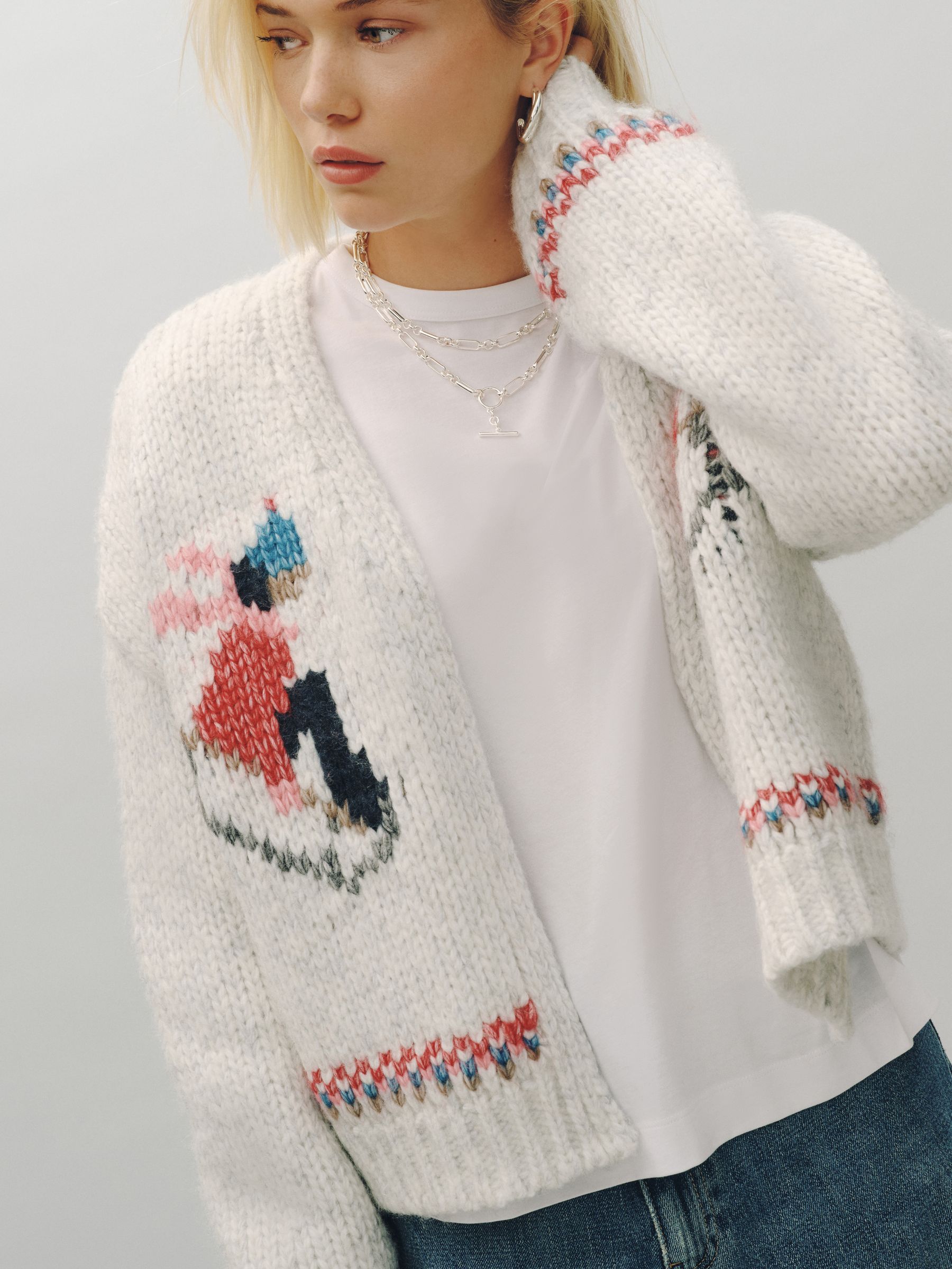 Soft Touch Chunky Knit Open Cardigan - Light Grey Marl Ski Graphic - Regular - Location Worn