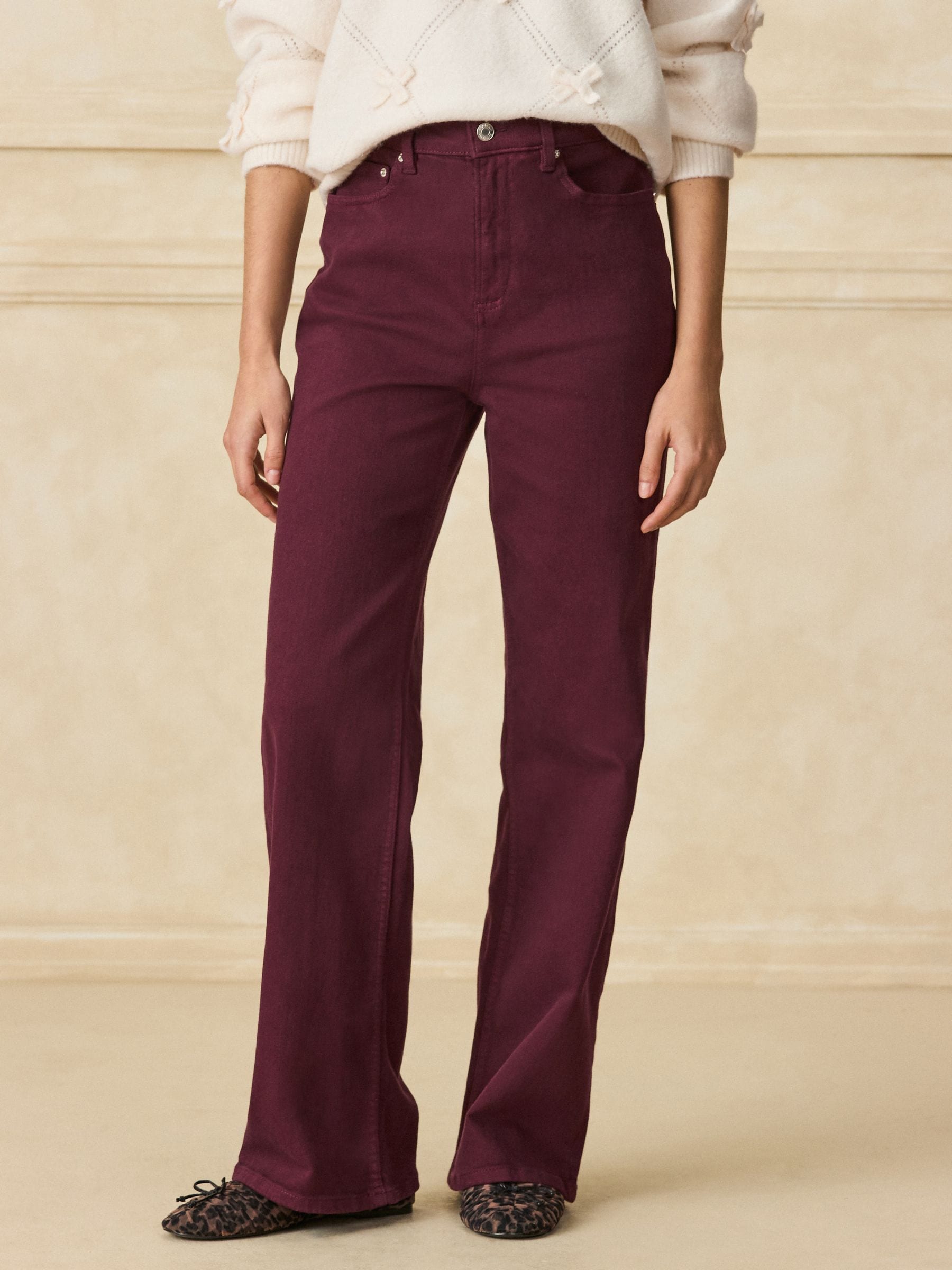 High Rise Stretch Wide Leg Jeans - Burgundy Red - Regular - Location Worn