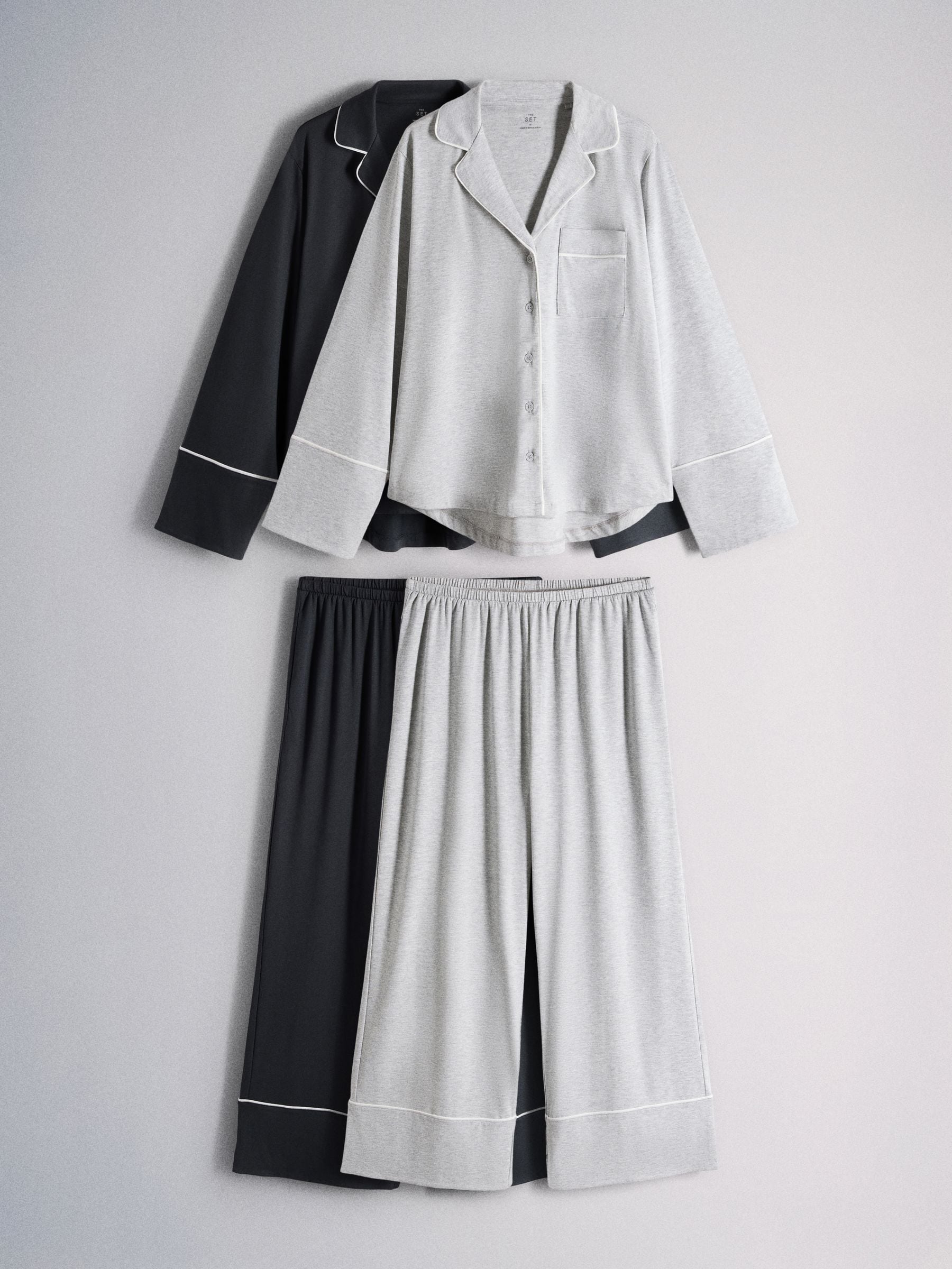 The Set 2 Pack Viscose Blend Button Through Long Pyjamas - Grey Marl / Navy Blue - Regular - SIP Still Life