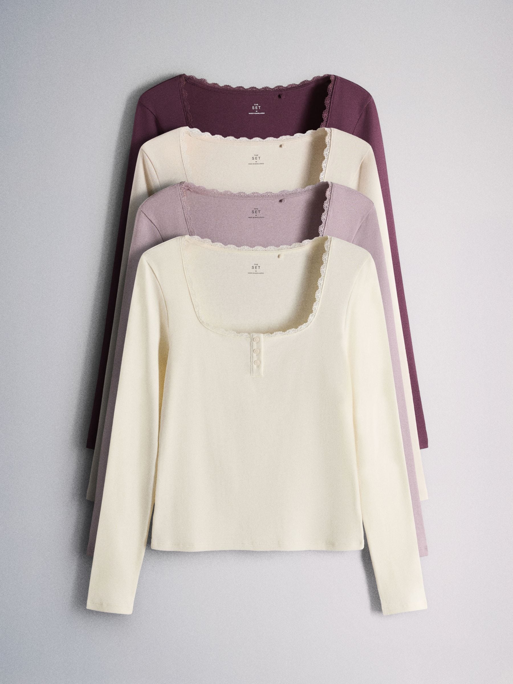 The Set 4 Pack Lace Henley Long Sleeve T-Shirts - Burgundy Red - Regular - SIP Still Life