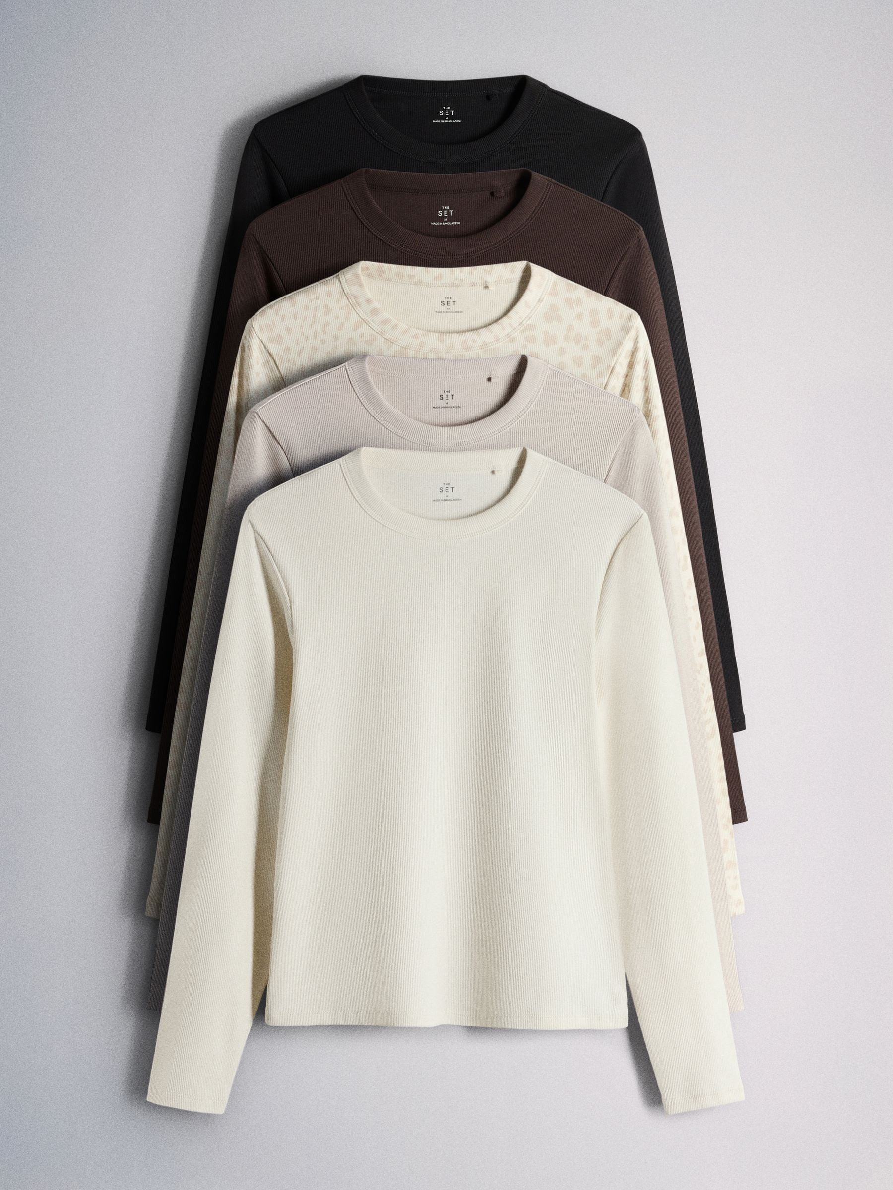 The Set 5 Pack Ribbed Long Sleeve T-Shirts - Brown/Cream/Animal/Neutral/Black - Regular - SIP Still Life