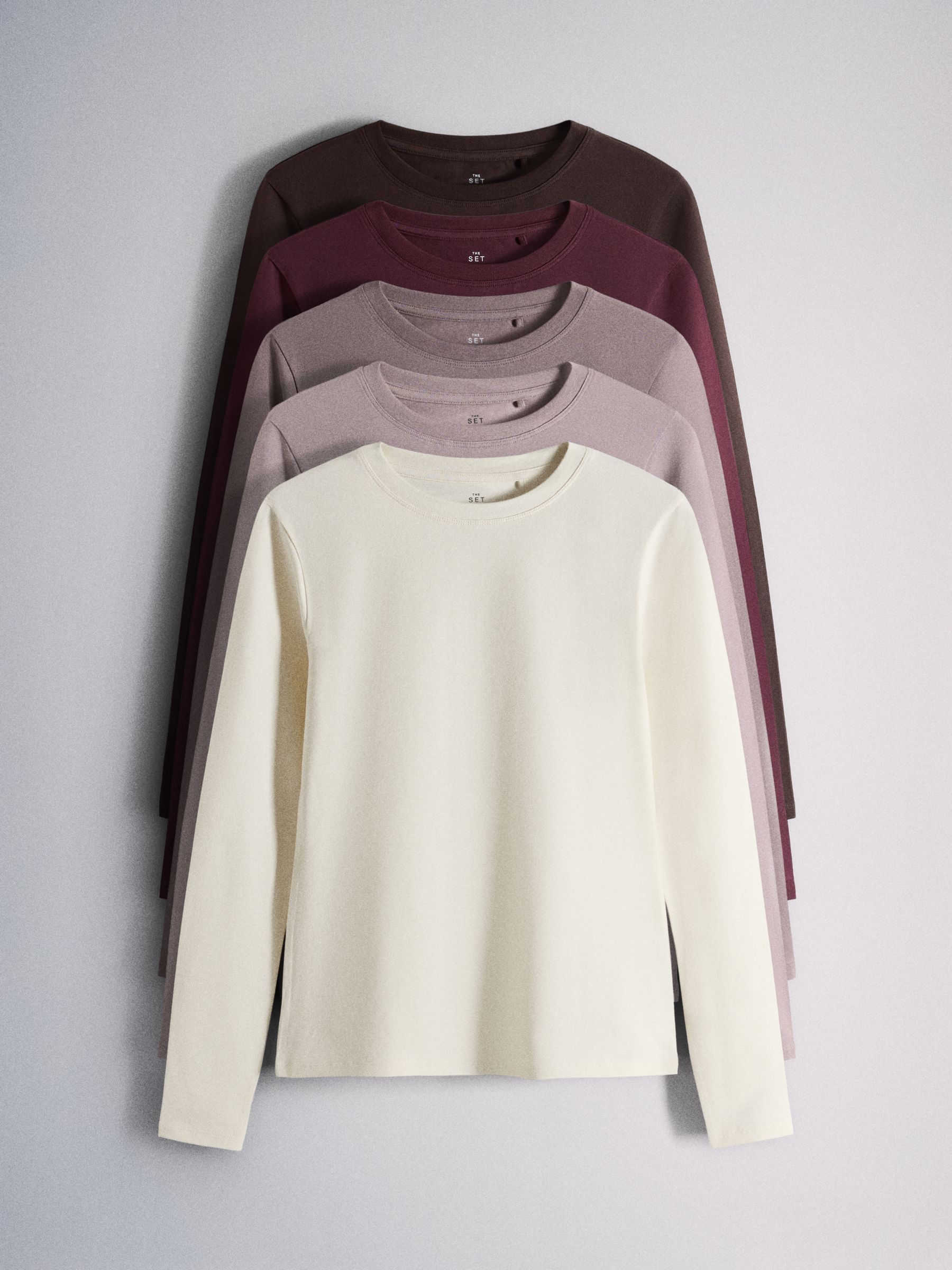The Set 5 Pack Skinny Fit Crew Neck Long Sleeve T-Shirts - Brown/Pink/Purple/Cream/White - Regular - SIP Still Life