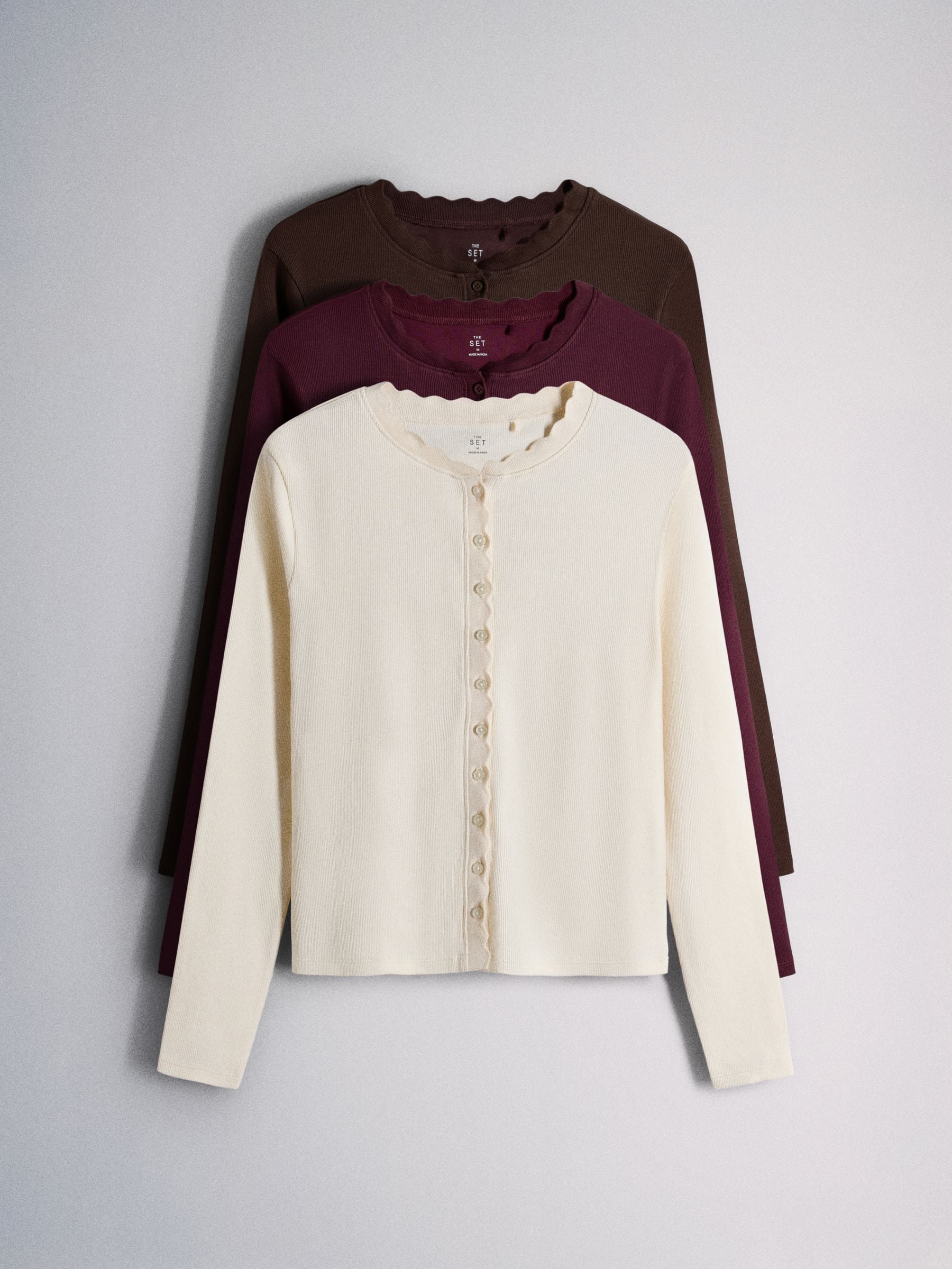 The Set 3 Pack Scallop Button Through Long Sleeve Tops - Burgundy/Berry/Cream - Regular - SIP Still Life