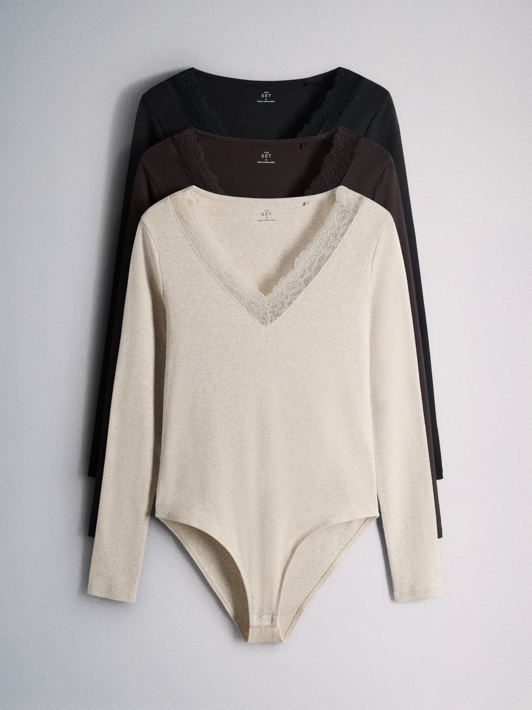 The Set 3 Pack V-Neck Ribbed Lace Bodysuits - Black/Brown/Oat - Regular - SIP Still Life