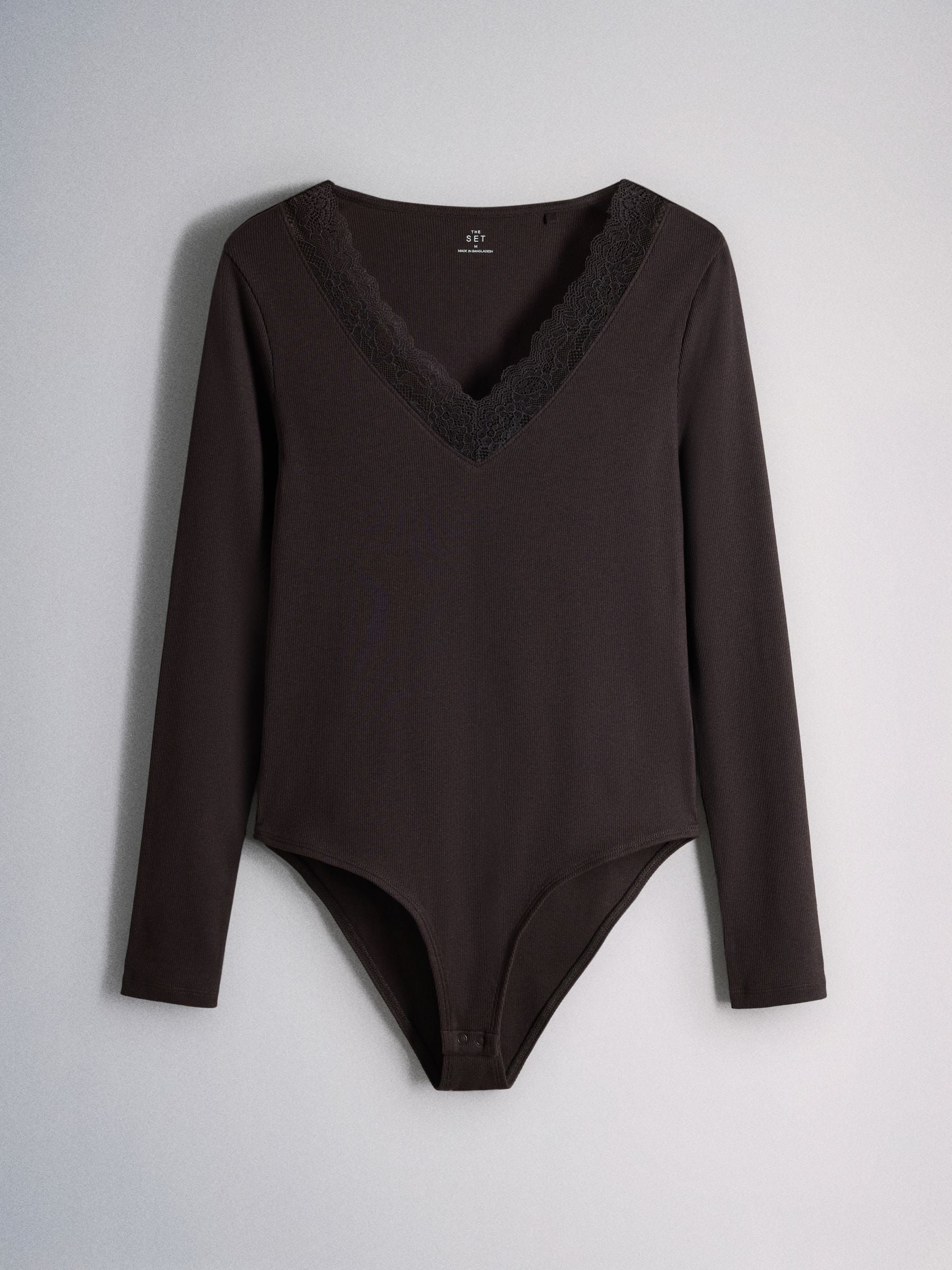 The Set 3 Pack V-Neck Ribbed Lace Bodysuits - Black/Brown/Oat - Regular - SIP Still Life