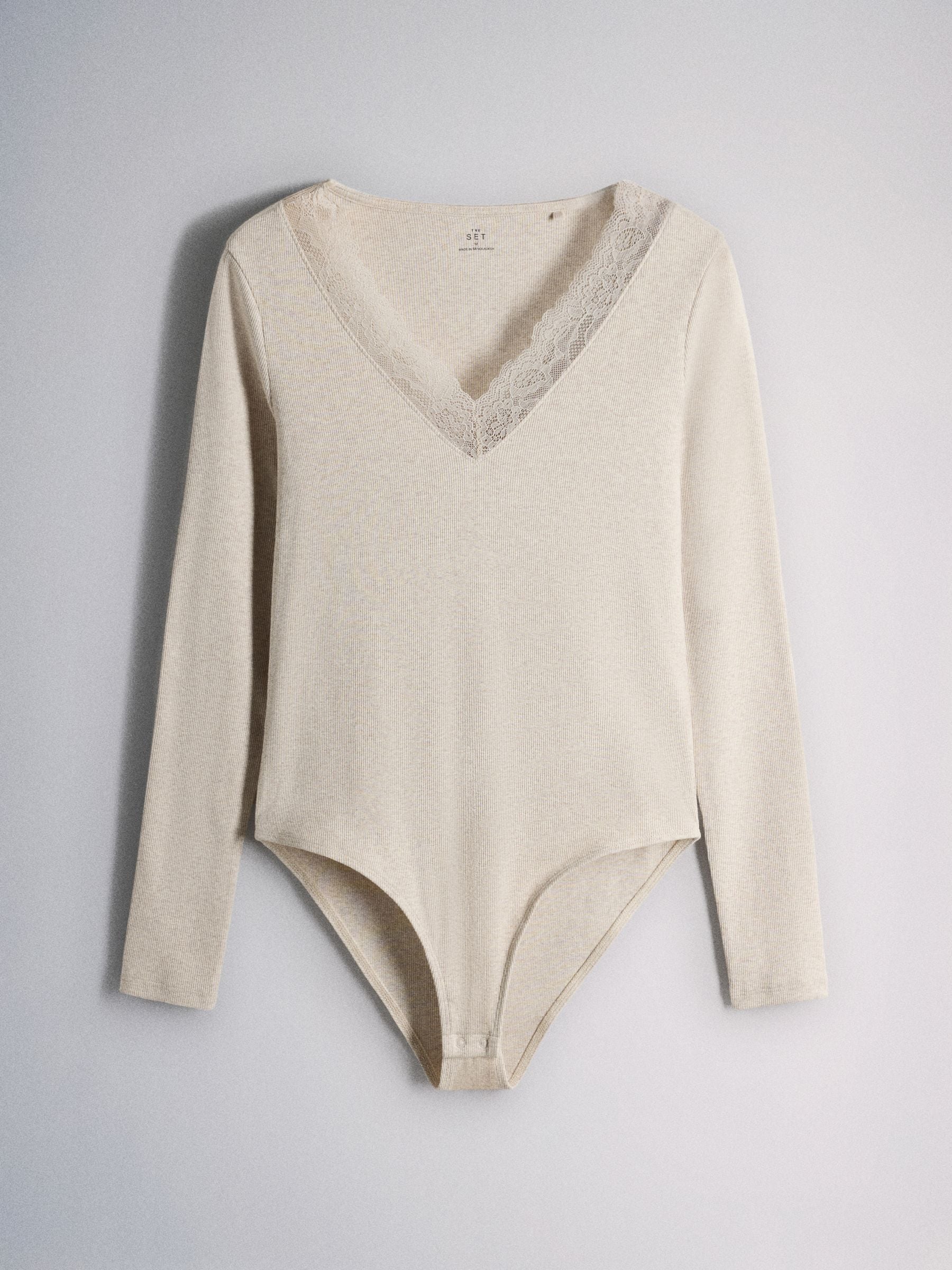 The Set 3 Pack V-Neck Ribbed Lace Bodysuits - Black/Brown/Oat - Regular - SIP Still Life