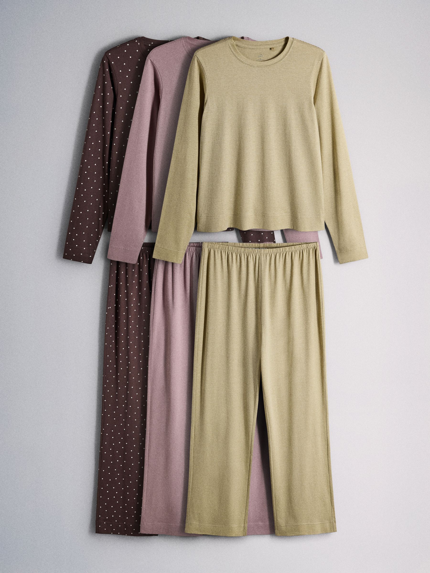 The Set 3 Pack Long Sleeve 100% Cotton Pyjamas - Burgundy Red/Purple/Sage Green - Regular - SIP Still Life