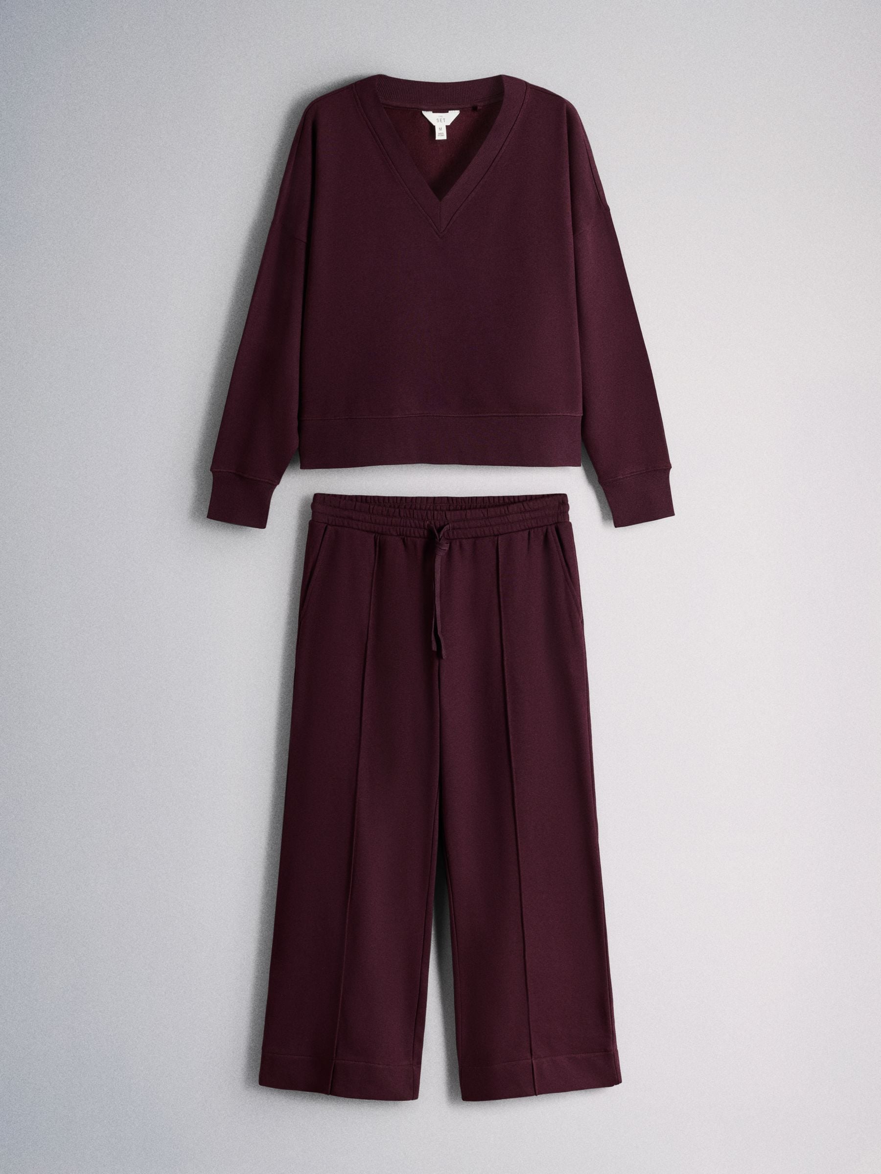 The Set V-Neck Sweater and Pintuck Wide Leg Joggers Co-ord - Burgundy Red - Regular - SIP Still Life