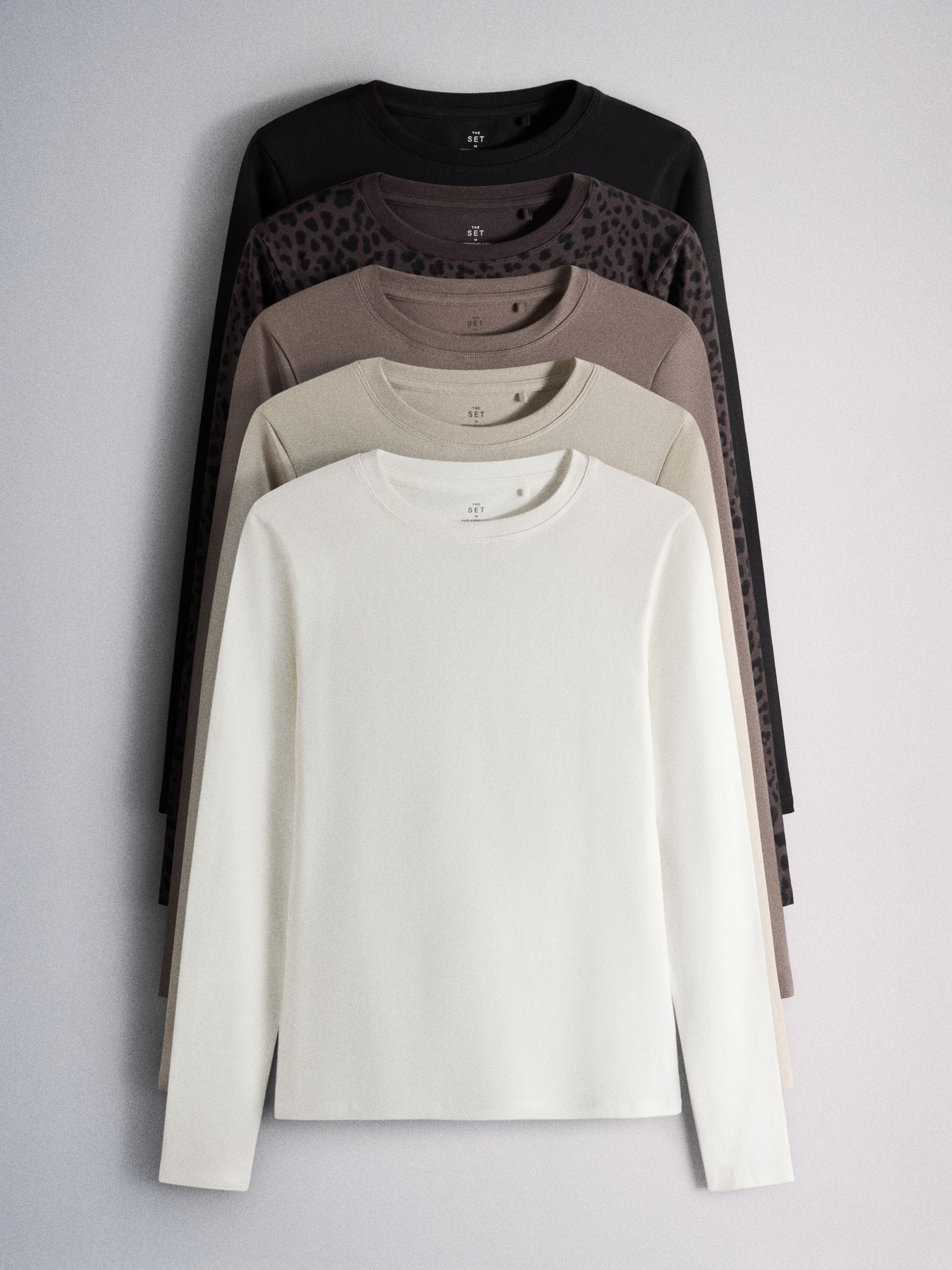 The Set 5 Pack Skinny Fit Crew Neck Long Sleeve T-Shirts - Neutral/Brown/Black/Leopard/Cream - Regular - SIP Still Life