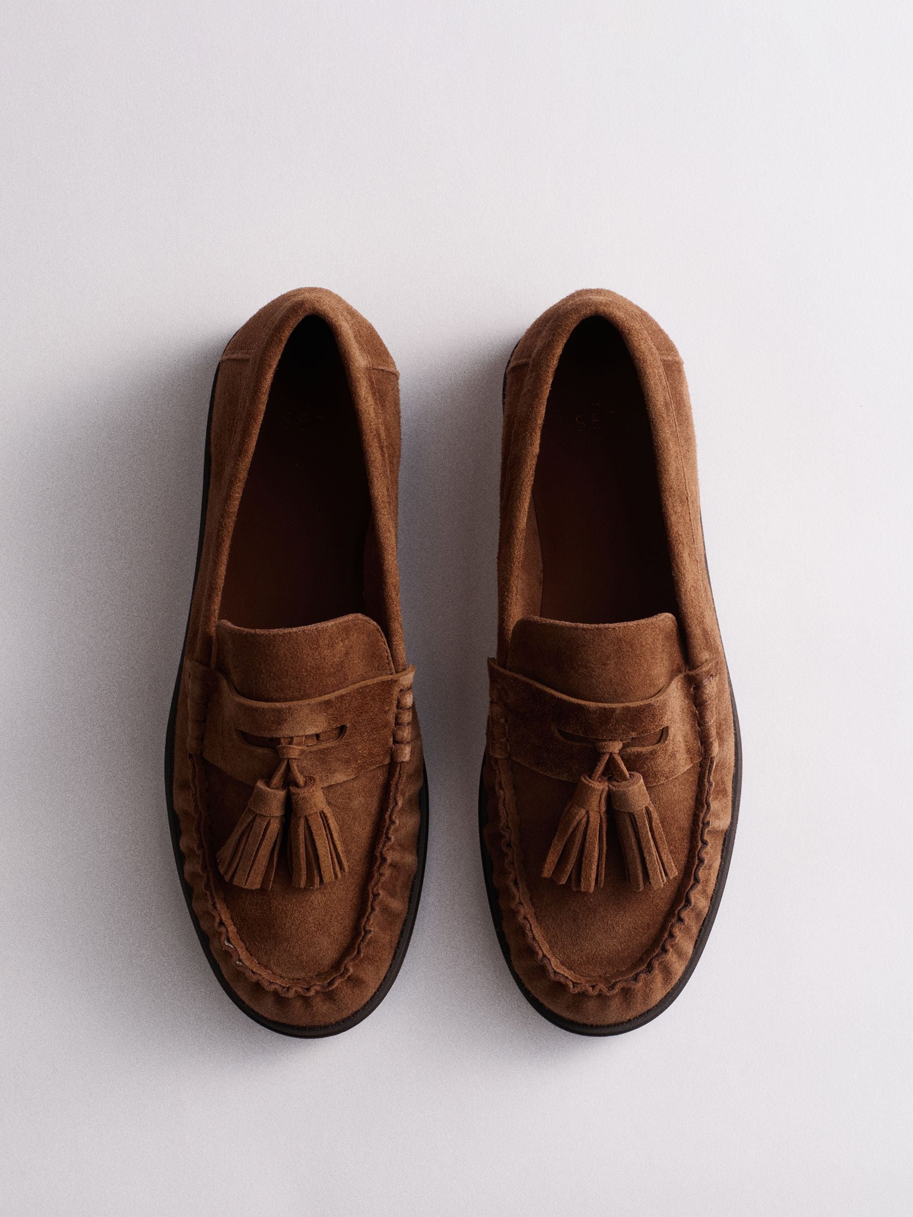 The Set Tassel Ruched Loafers - Tan Brown Suede - Regular - SIP Still Life