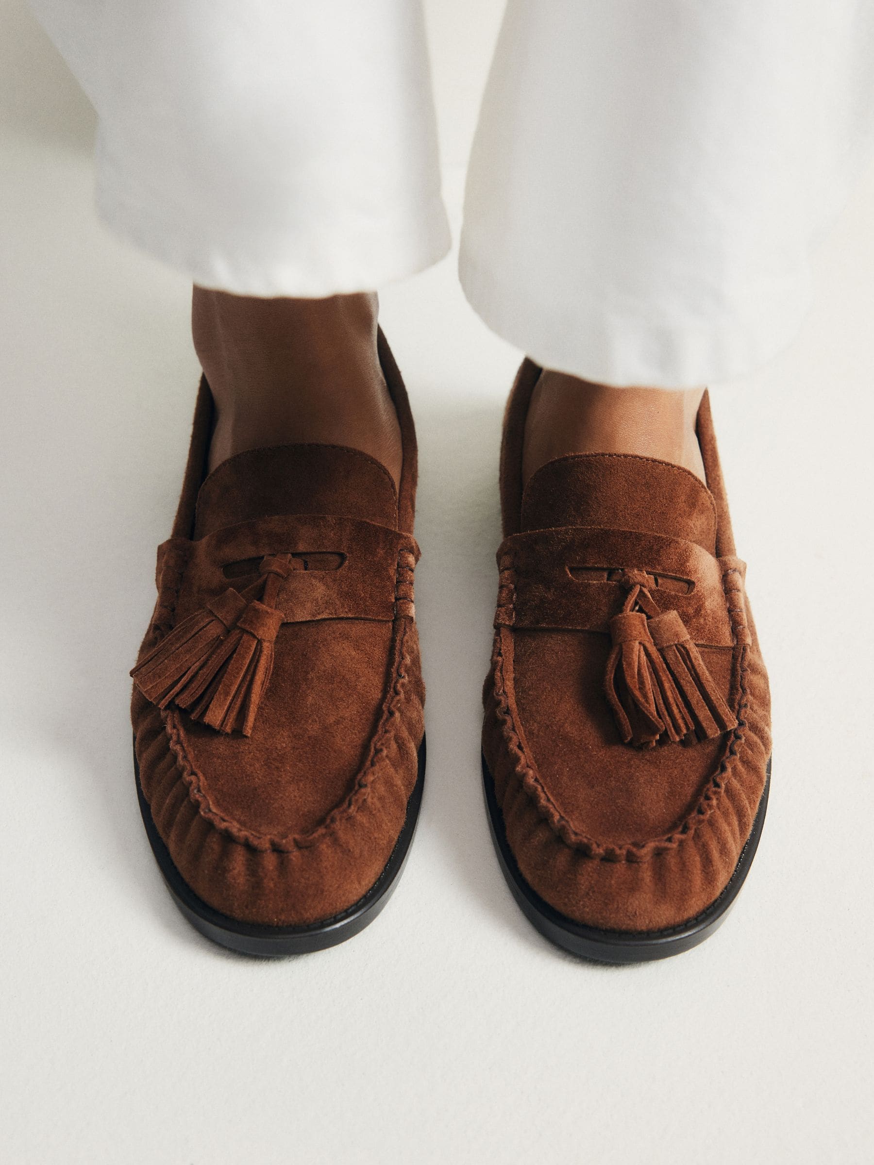 The Set Tassel Ruched Loafers - Tan Brown Suede - Regular - SIP Worn