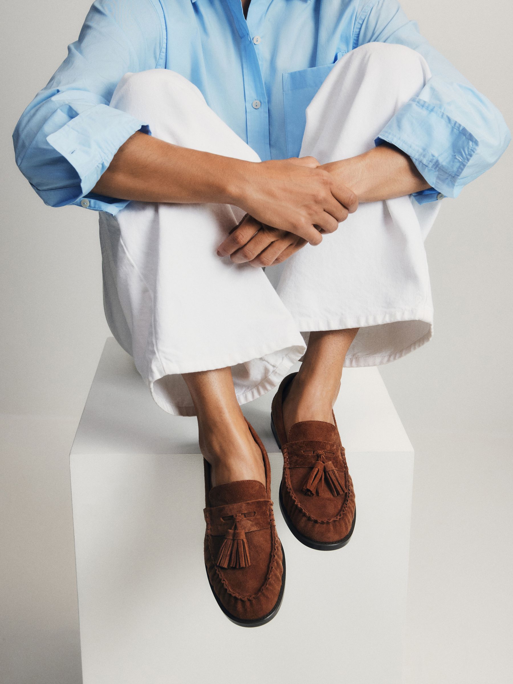 The Set Tassel Ruched Loafers - Tan Brown Suede - Regular - SIP Worn