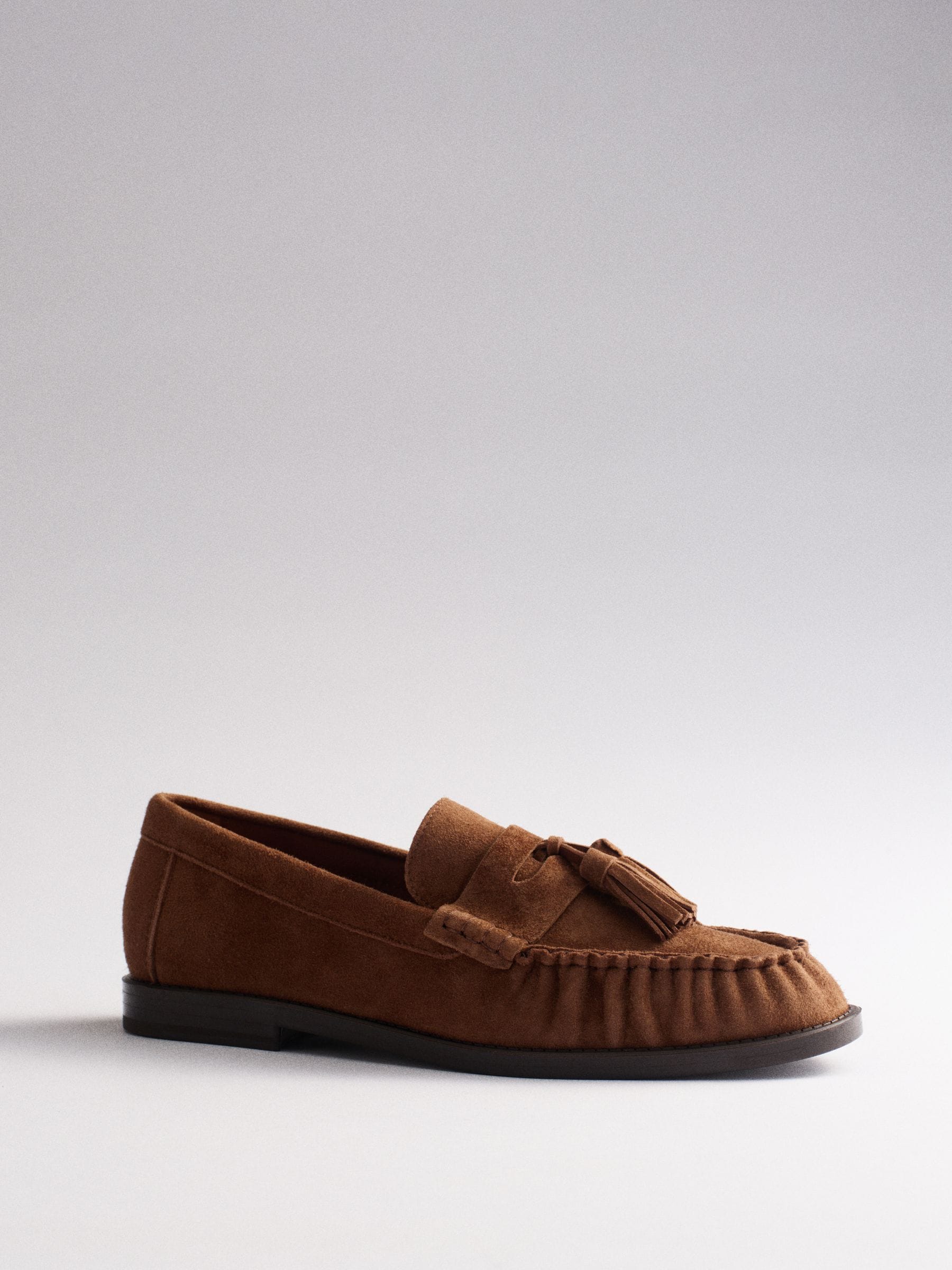 The Set Tassel Ruched Loafers - Tan Brown Suede - Regular - SIP Still Life