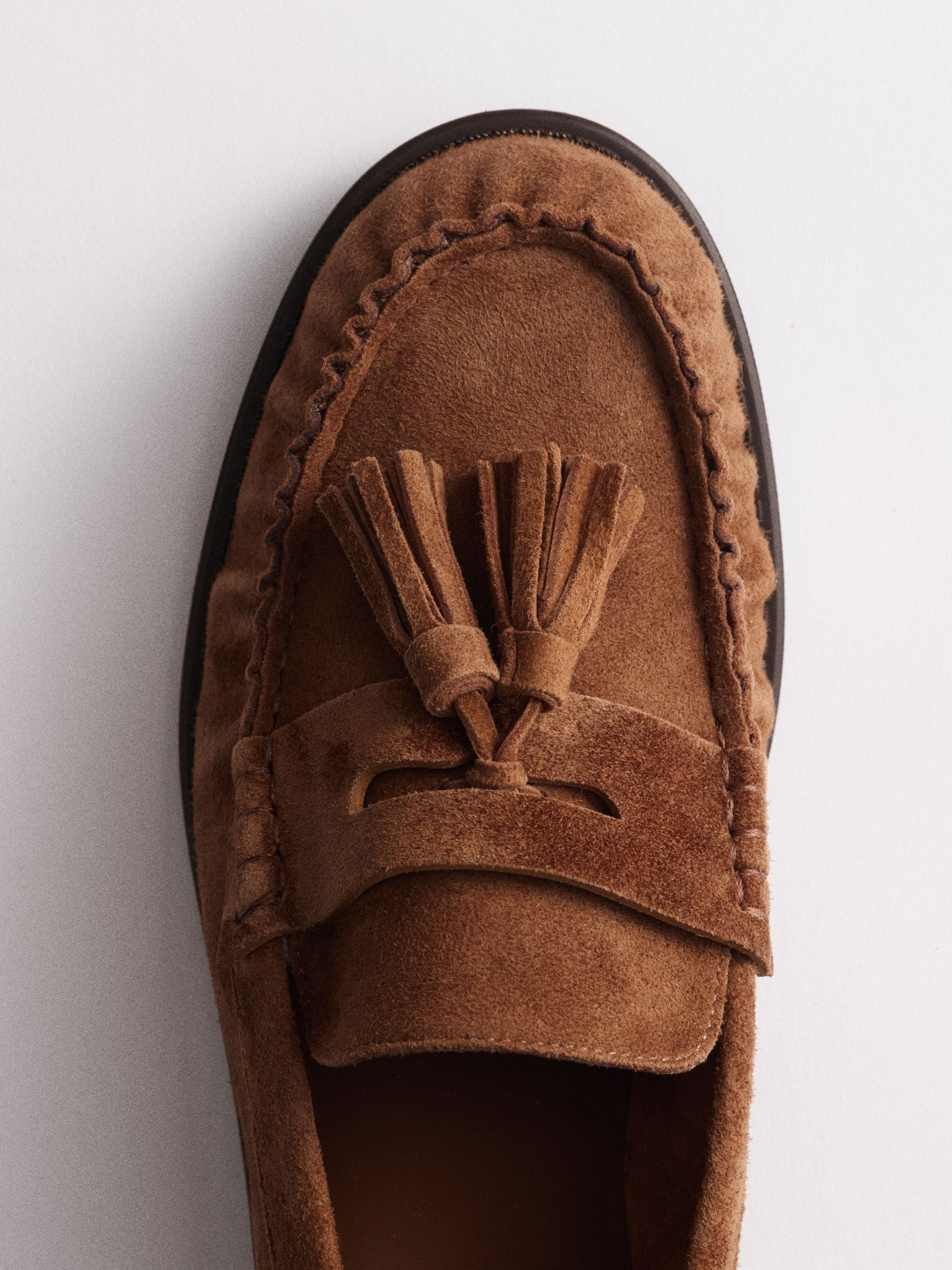 The Set Tassel Ruched Loafers - Tan Brown Suede - Regular - SIP Still Life
