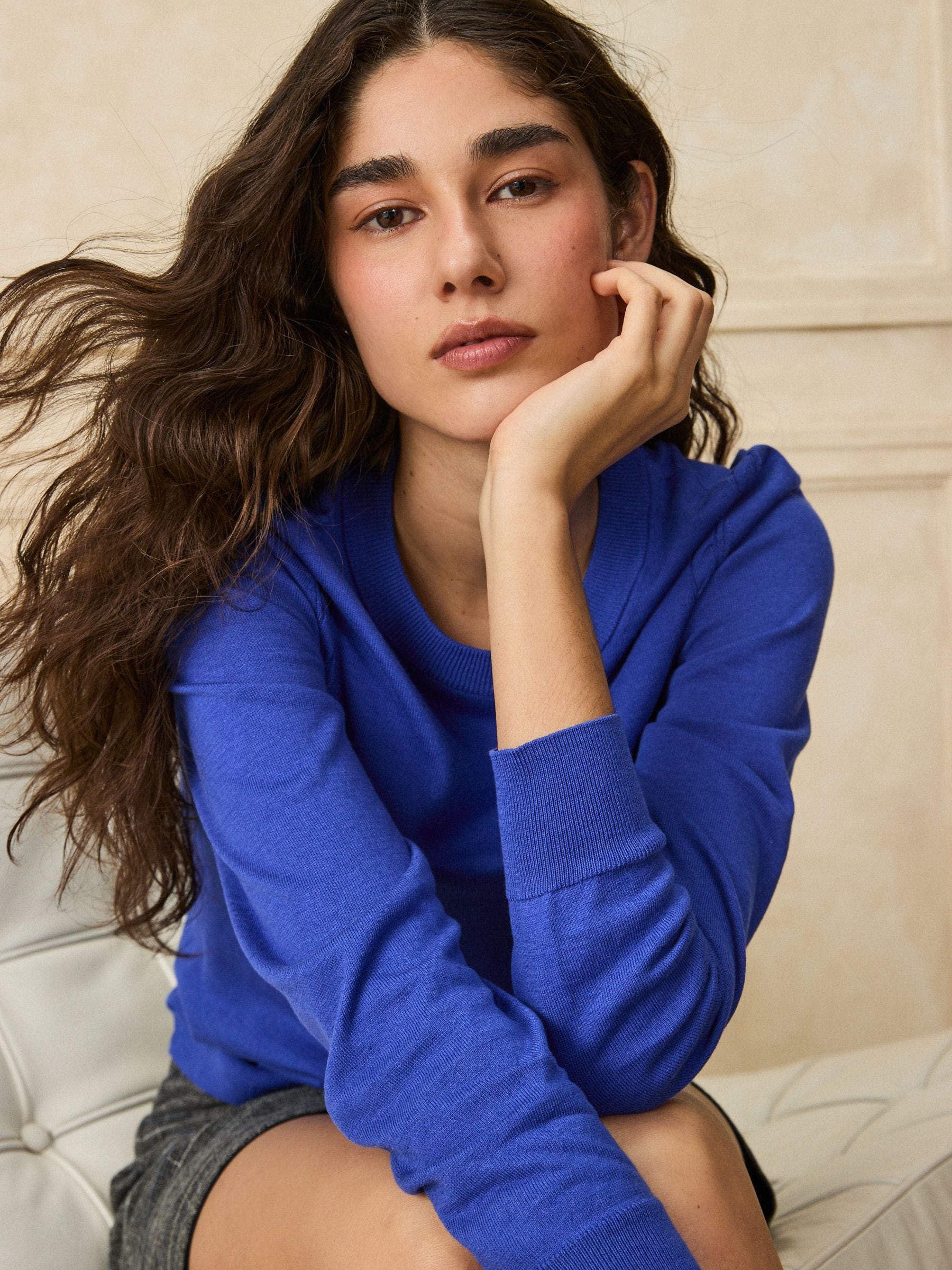 Cotton Rich Soft Touch Long Sleeve Crew Neck Jumper - Cobalt Blue - Regular - Location Worn
