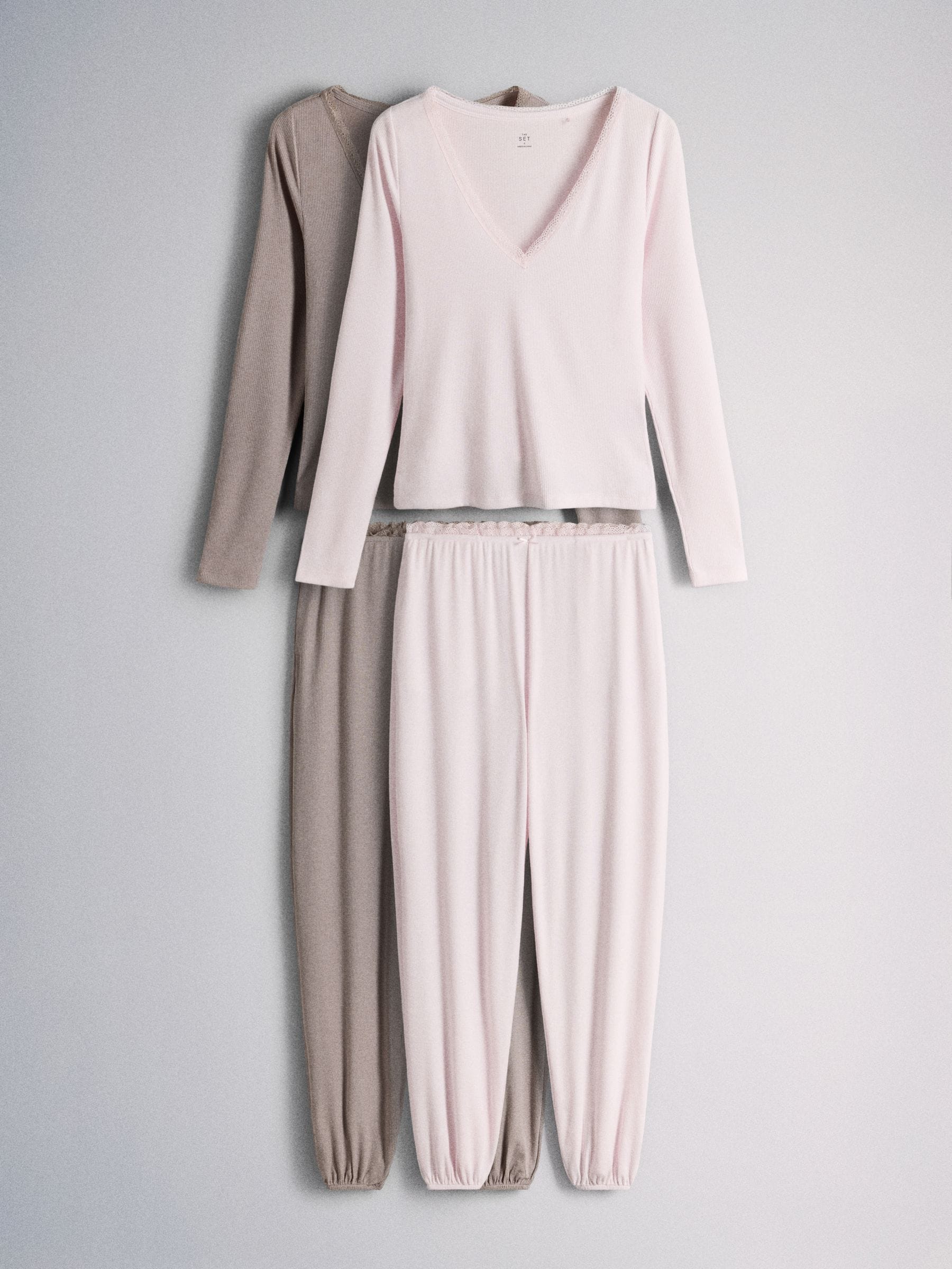 The Set 2 Pack Soft Rib Lace V-Neck Top and Balloon Pant Pyjamas Set - Pink - Regular - SIP Still Life