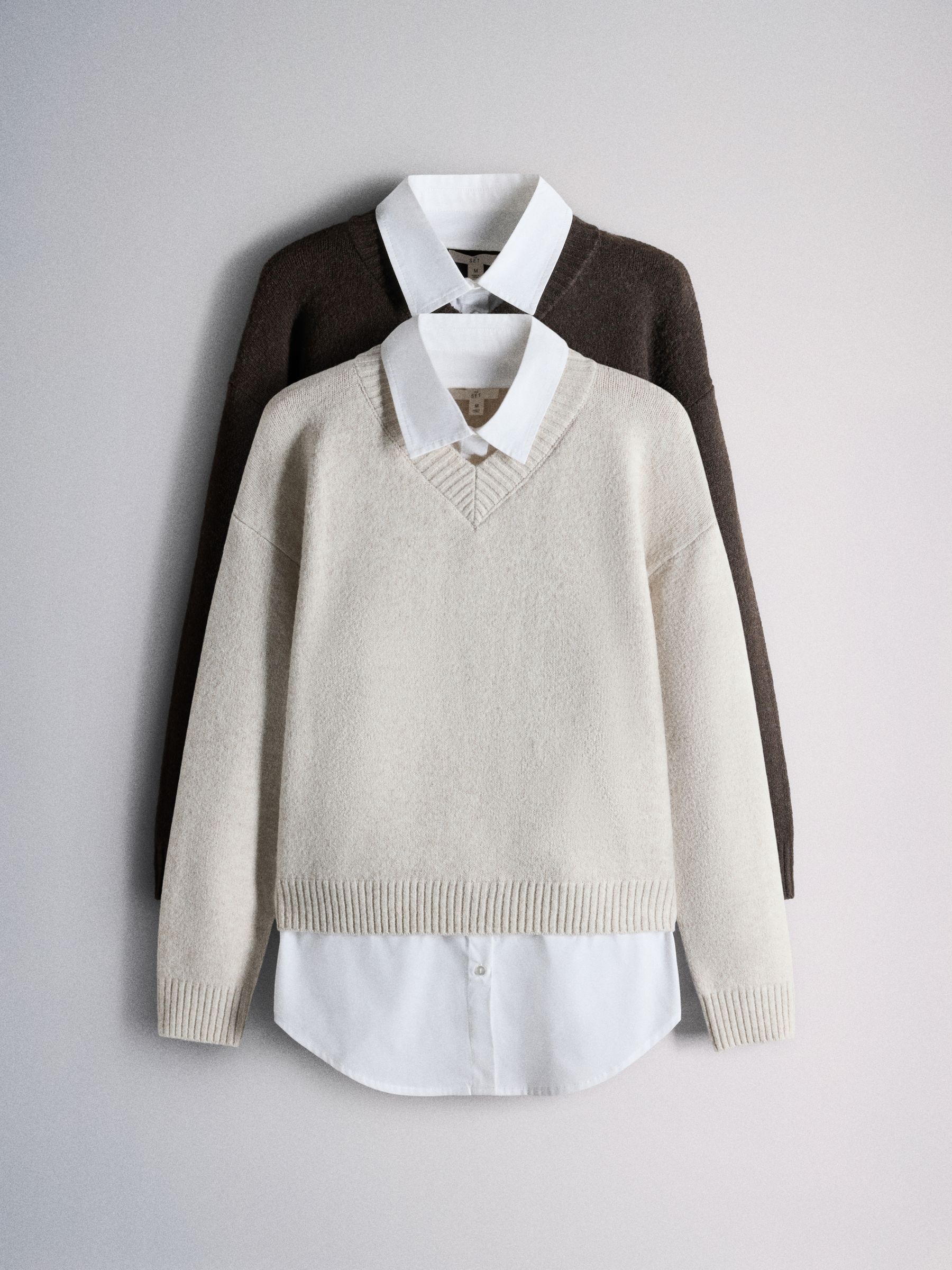 The Set 2 Pack Layered V-Neck Jumpers - Brown Marl Oatmeal Marl - Regular - SIP Still Life