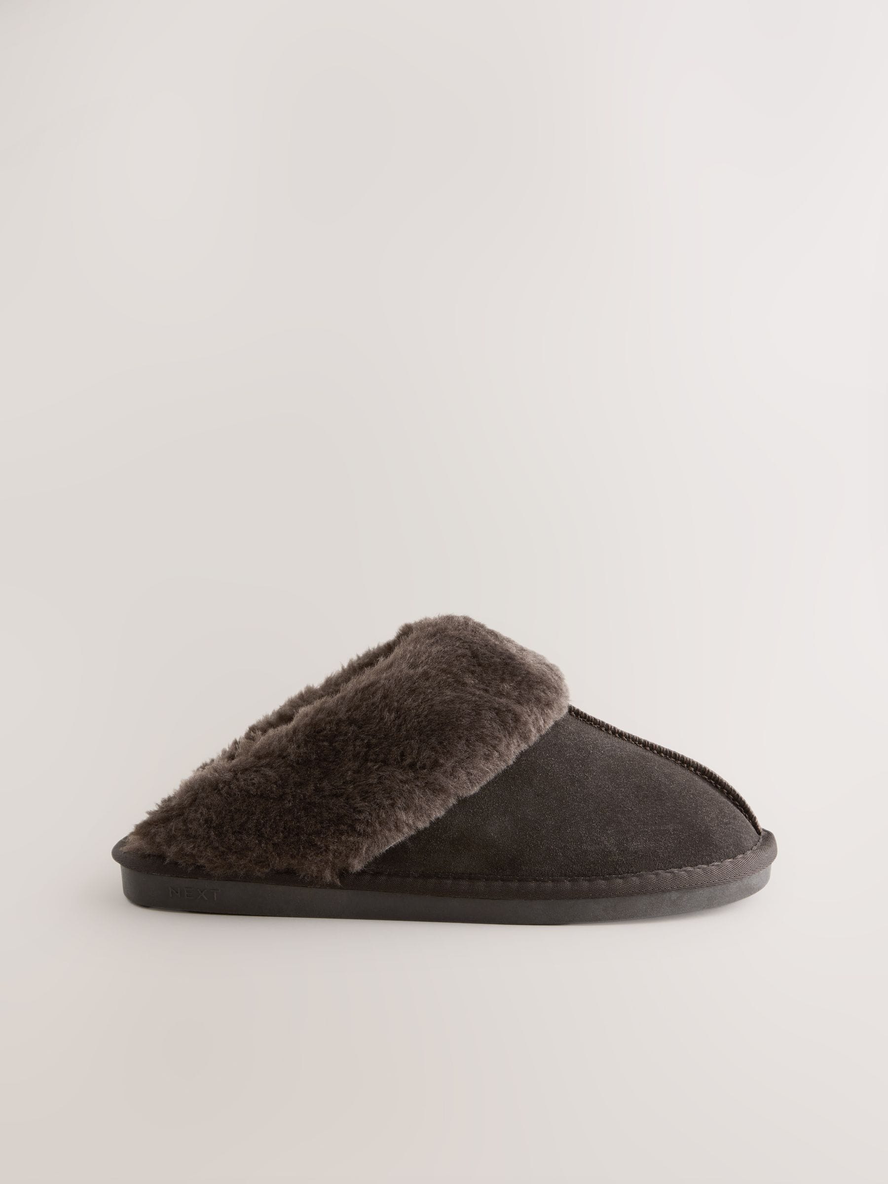 Faux Fur Lined Suede Mule Slippers - Chocolate Brown - Regular - SIP Still Life